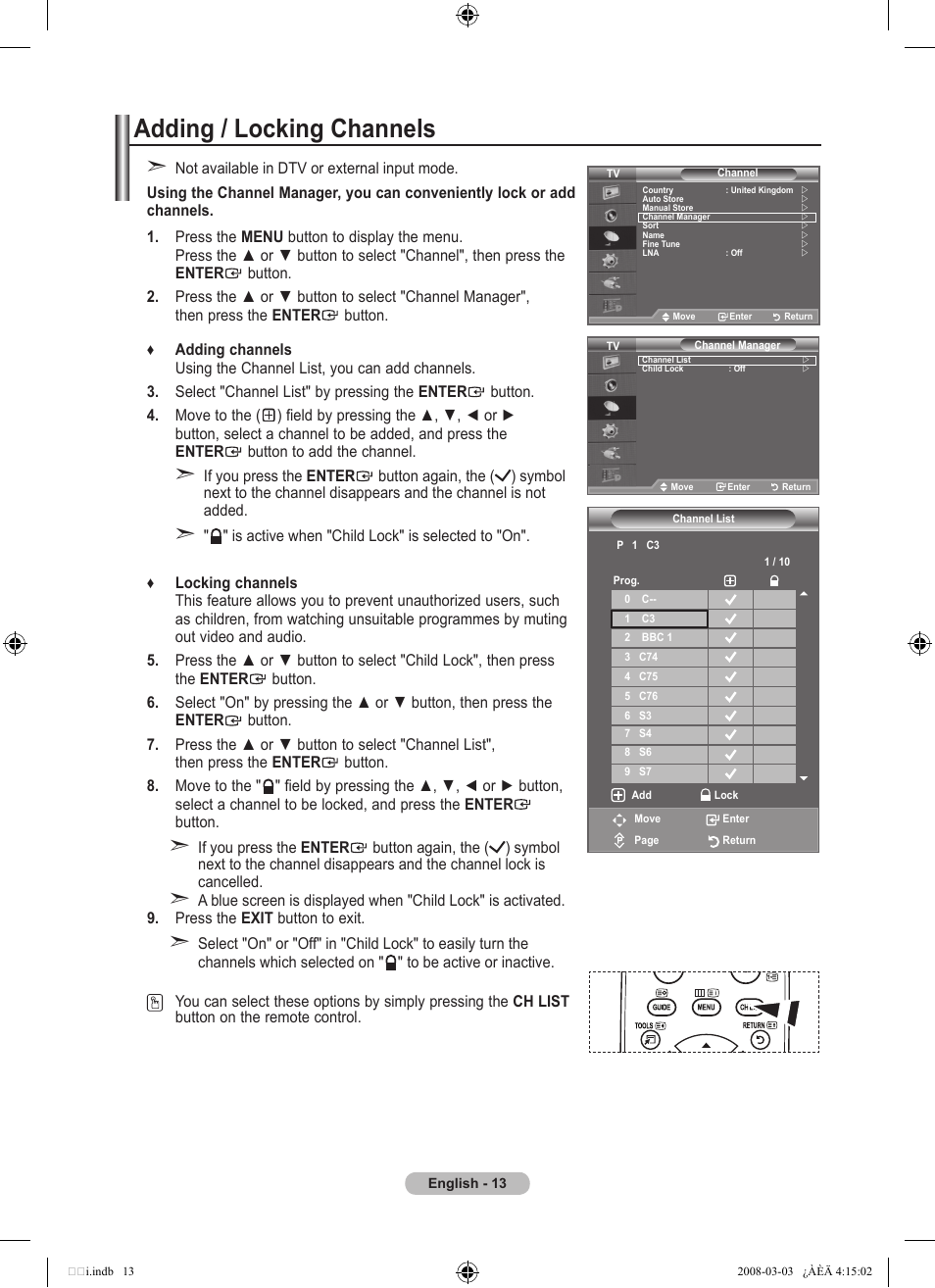 Adding / locking channels | Samsung LE26A457C1D User Manual | Page 15 / 482