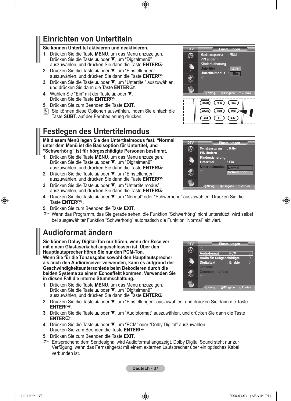 Einrichten von untertiteln, Festlegen des untertitelmodus, Audioformat ändern | Samsung LE26A457C1D User Manual | Page 159 / 482