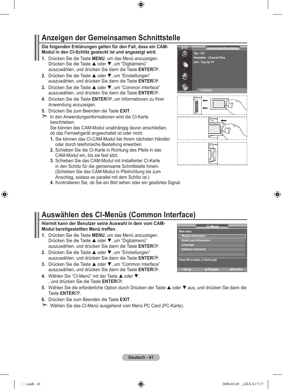 Anzeigen der gemeinsamen schnittstelle, Auswählen des ci-menüs (common interface) | Samsung LE26A457C1D User Manual | Page 163 / 482