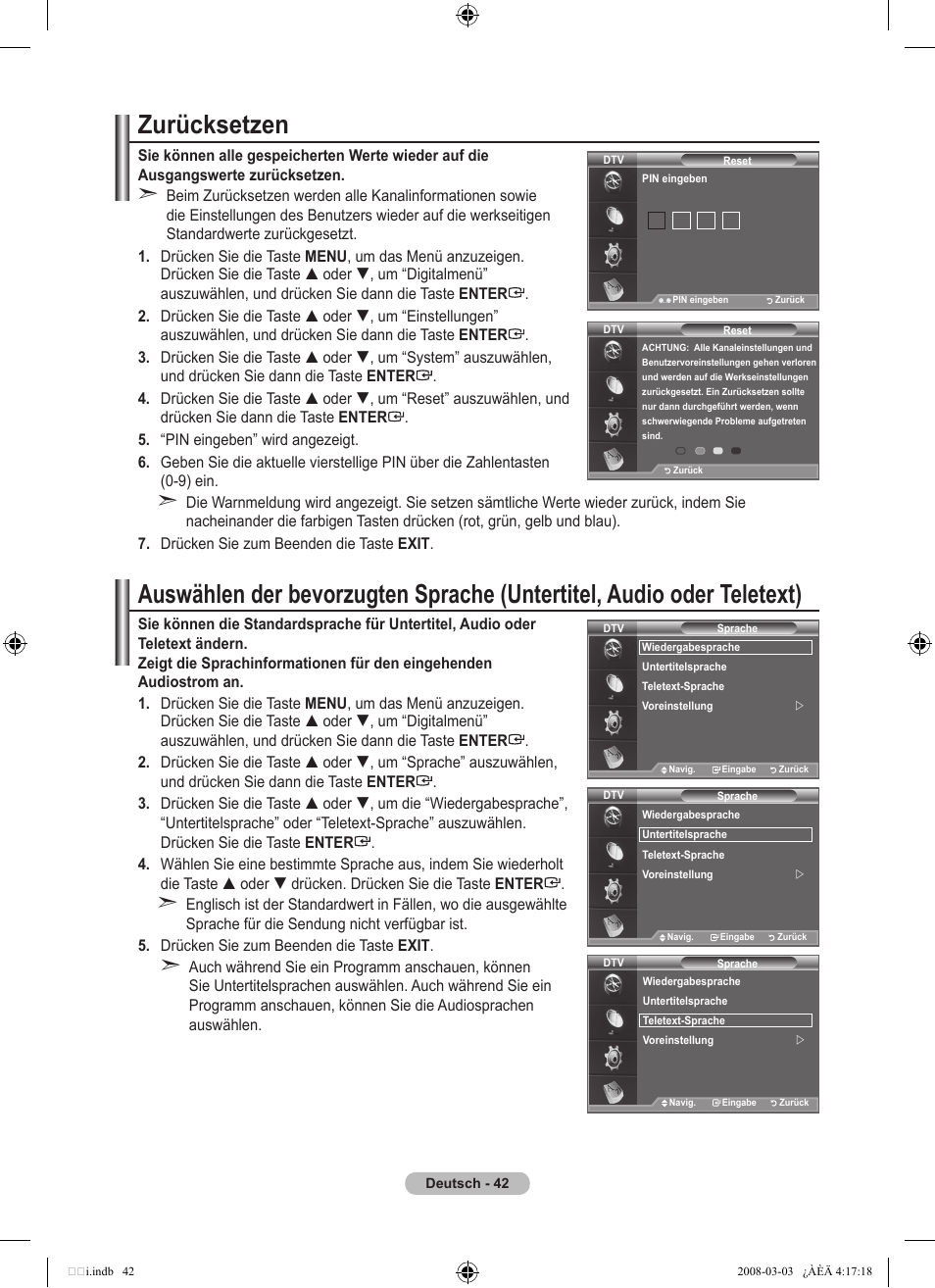 Zurücksetzen | Samsung LE26A457C1D User Manual | Page 164 / 482