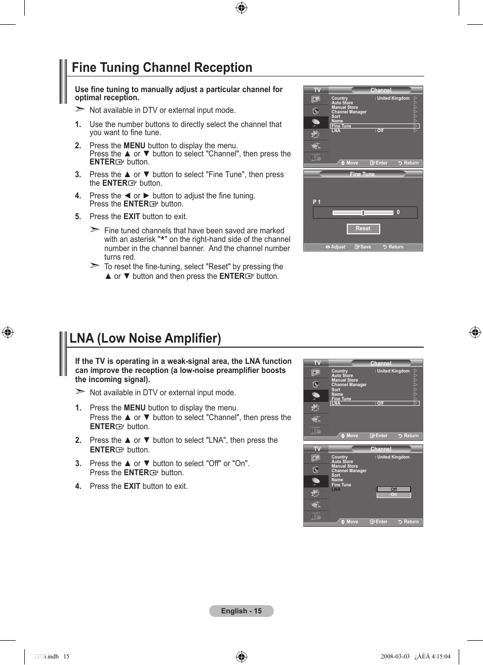 Fine tuning channel reception, Lna (low noise amplifier) | Samsung LE26A457C1D User Manual | Page 17 / 482
