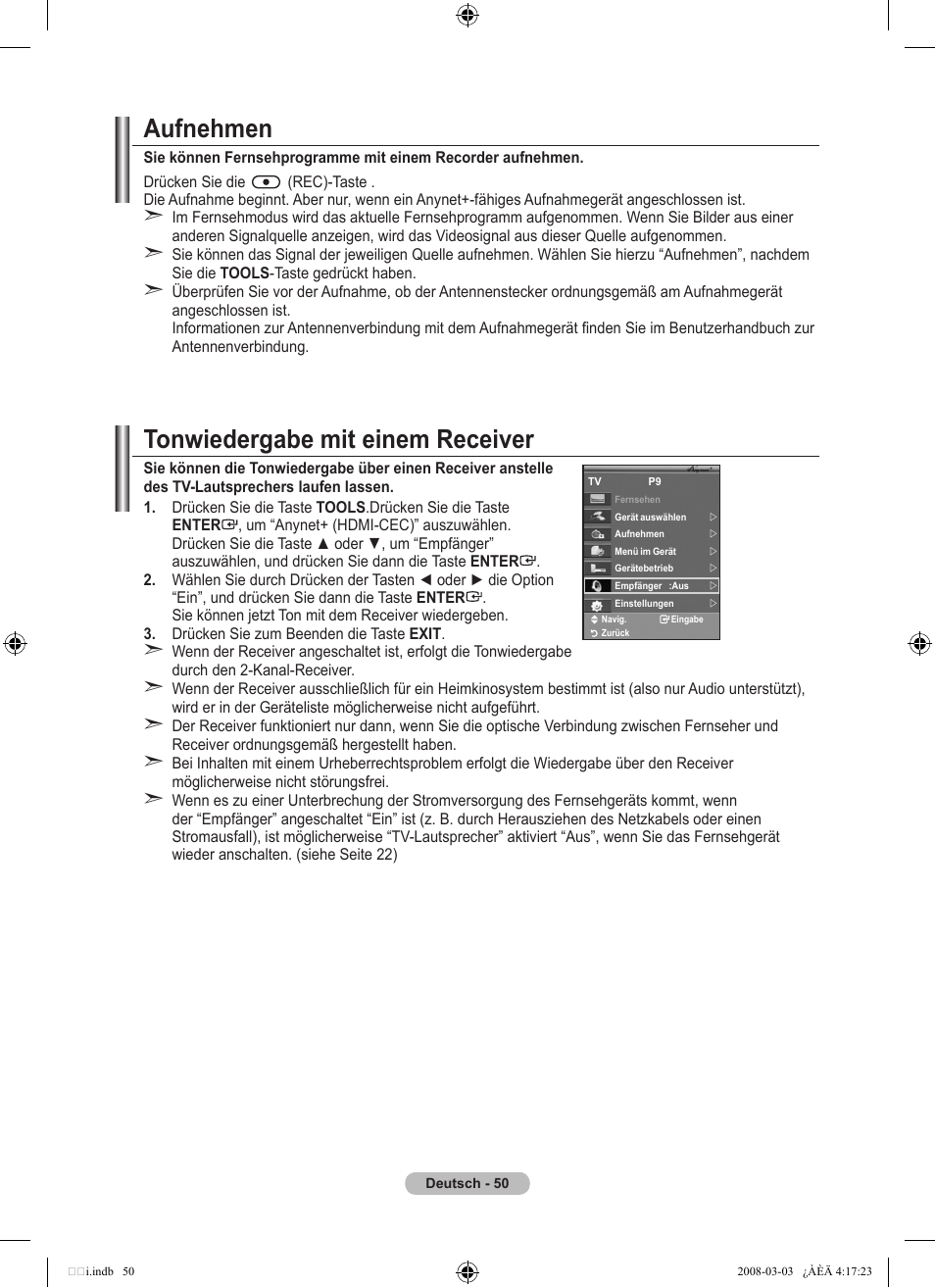 Aufnehmen, Tonwiedergabe mit einem receiver | Samsung LE26A457C1D User Manual | Page 172 / 482