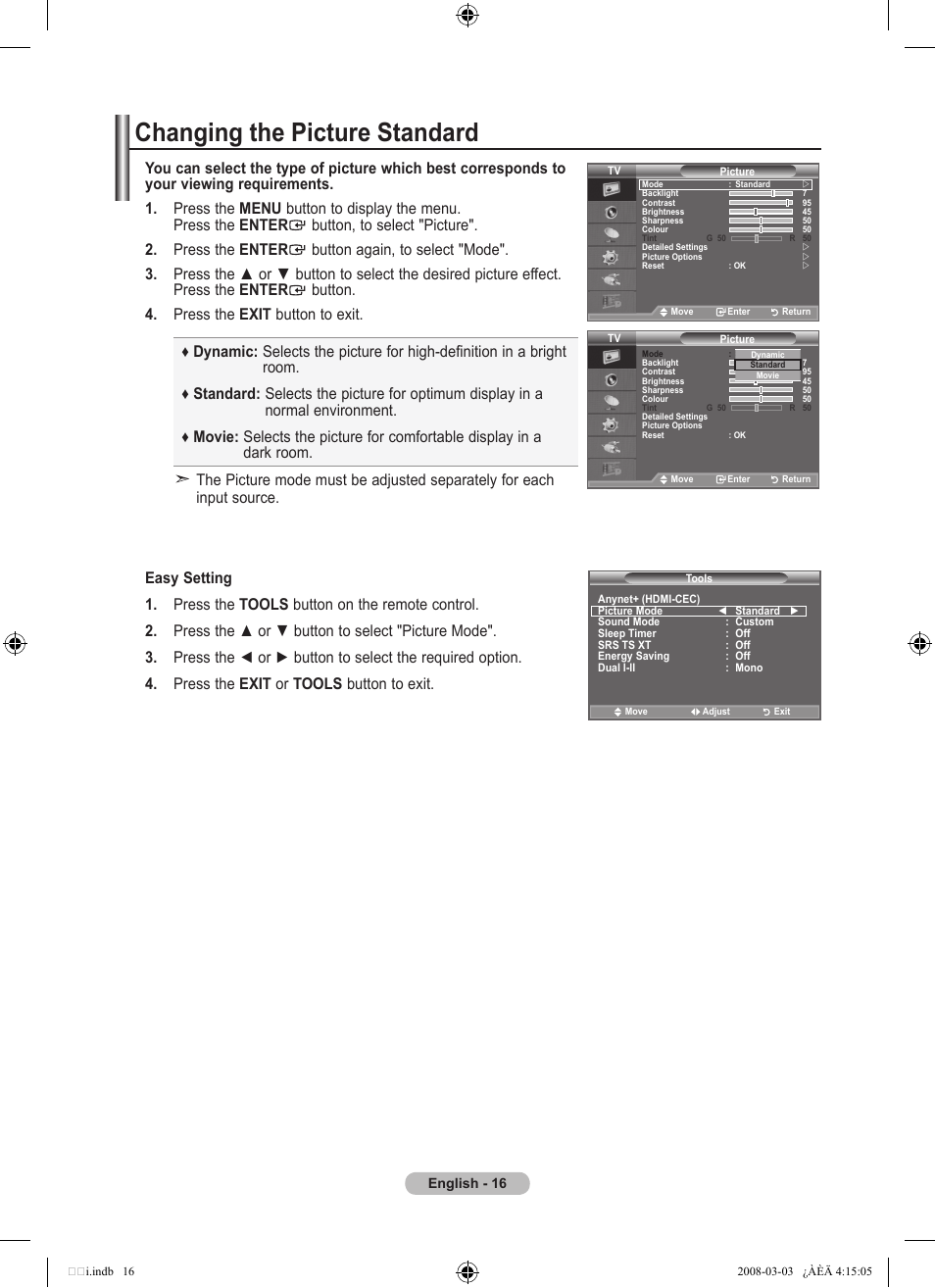 Setting the picture, Changing the picture standard | Samsung LE26A457C1D User Manual | Page 18 / 482