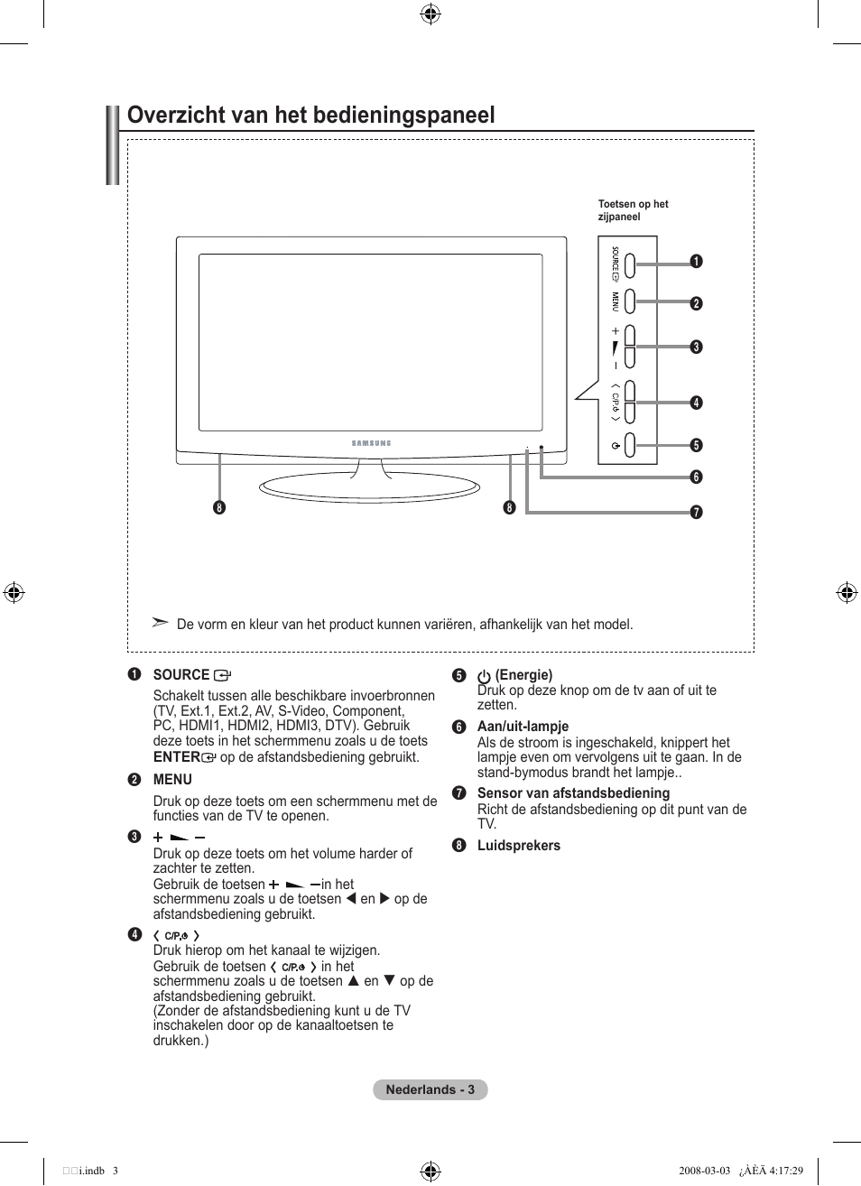 Overzicht van het bedieningspaneel | Samsung LE26A457C1D User Manual | Page 185 / 482