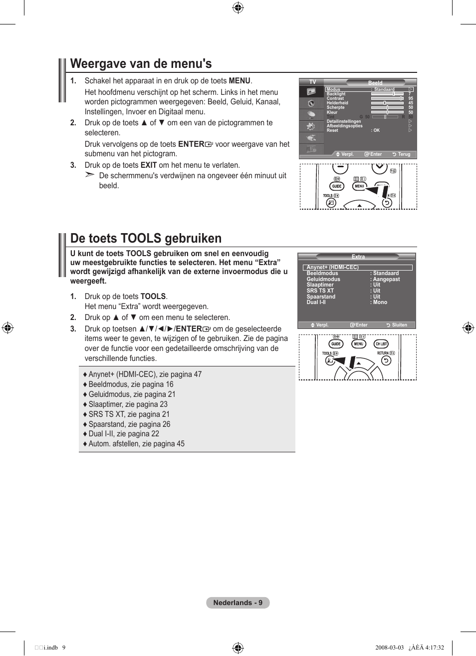 Weergave van de menu's, De toets tools gebruiken | Samsung LE26A457C1D User Manual | Page 191 / 482