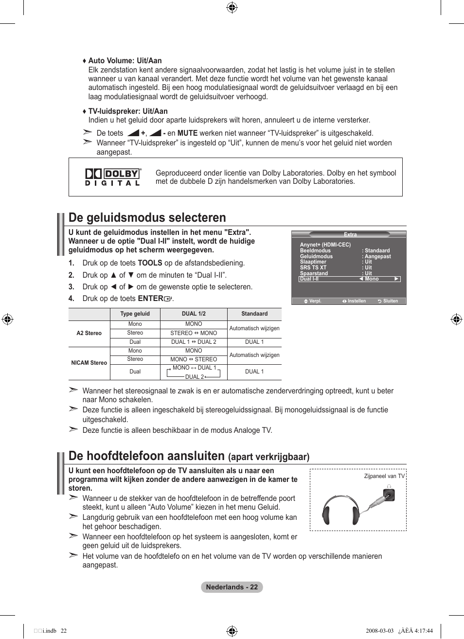 De geluidsmodus selecteren, De hoofdtelefoon aansluiten, Apart verkrijgbaar) | Samsung LE26A457C1D User Manual | Page 204 / 482