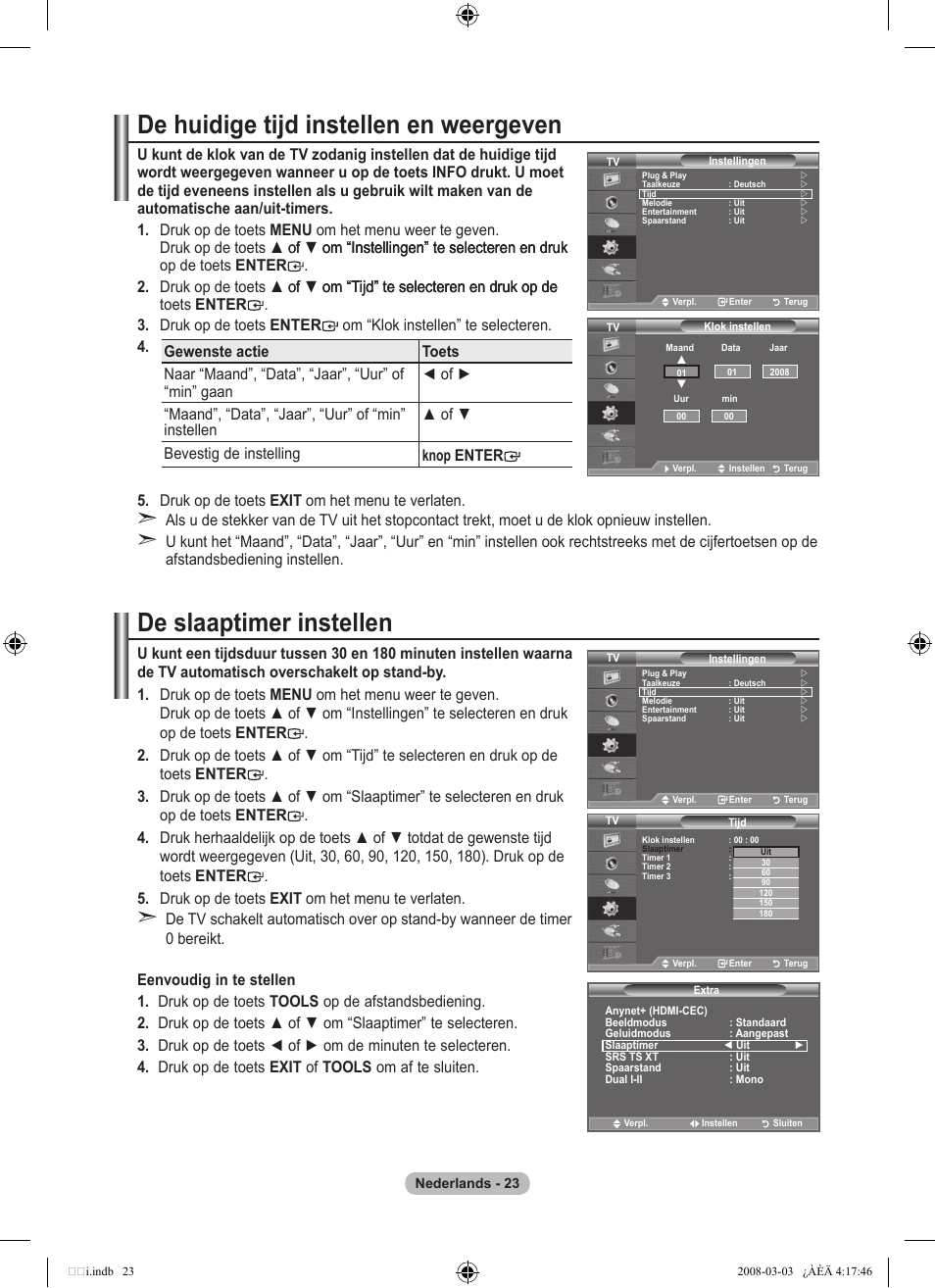 De huidige tijd instellen en weergeven, De slaaptimer instellen | Samsung LE26A457C1D User Manual | Page 205 / 482