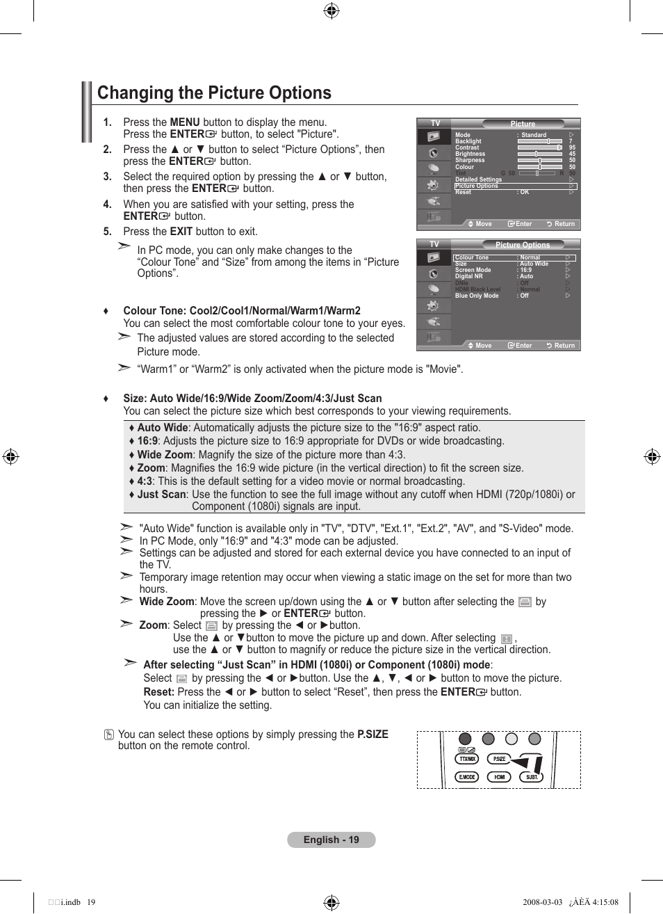 Changing the picture options | Samsung LE26A457C1D User Manual | Page 21 / 482