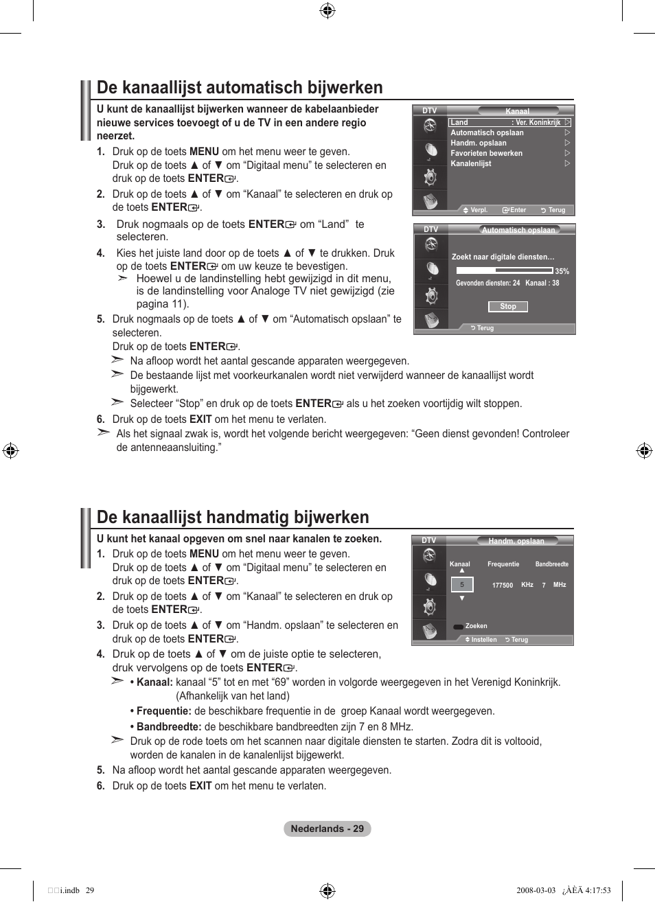 De kanaallijst automatisch bijwerken, De kanaallijst handmatig bijwerken | Samsung LE26A457C1D User Manual | Page 211 / 482