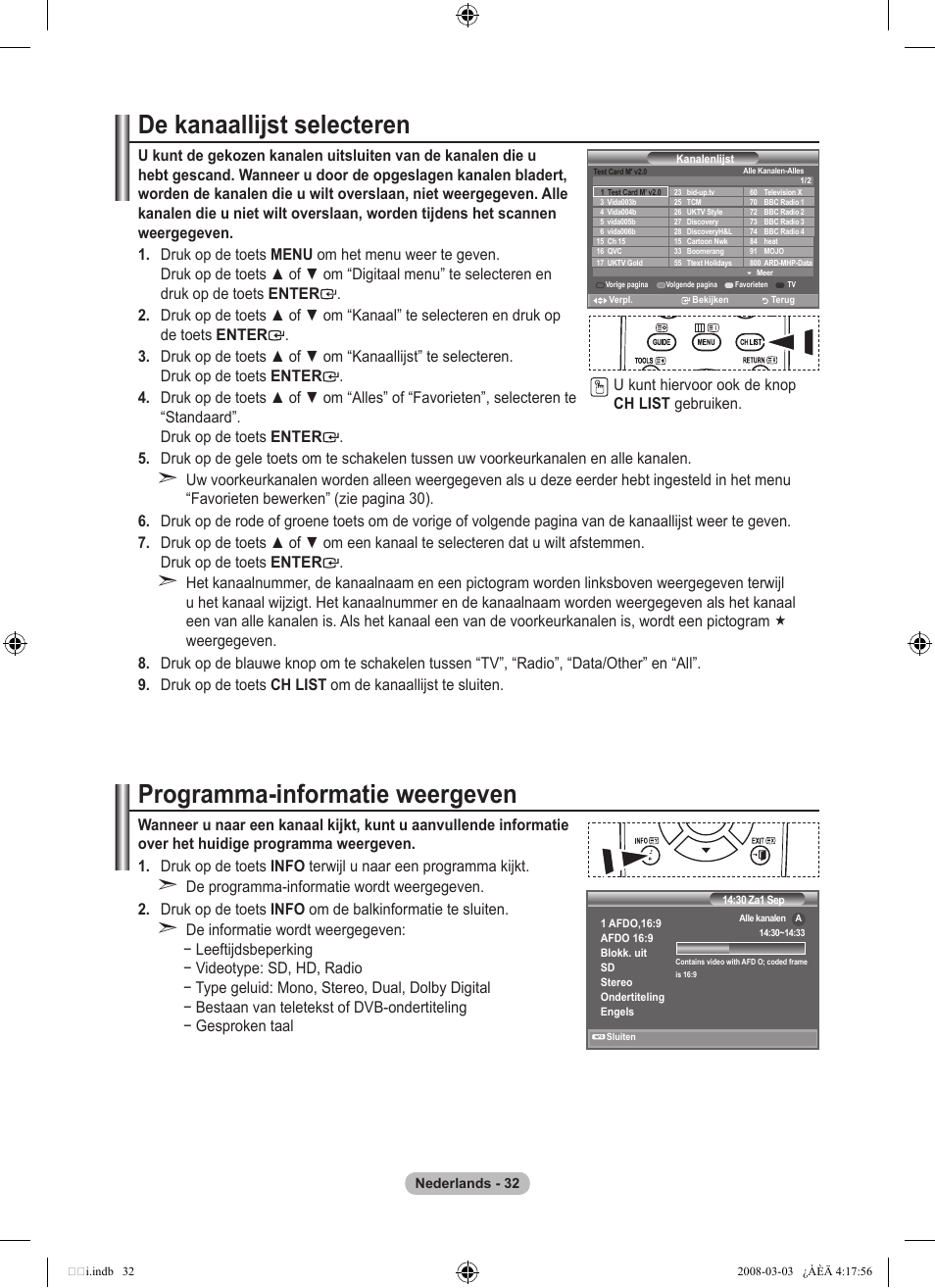 De kanaallijst selecteren, Programma-informatie weergeven | Samsung LE26A457C1D User Manual | Page 214 / 482