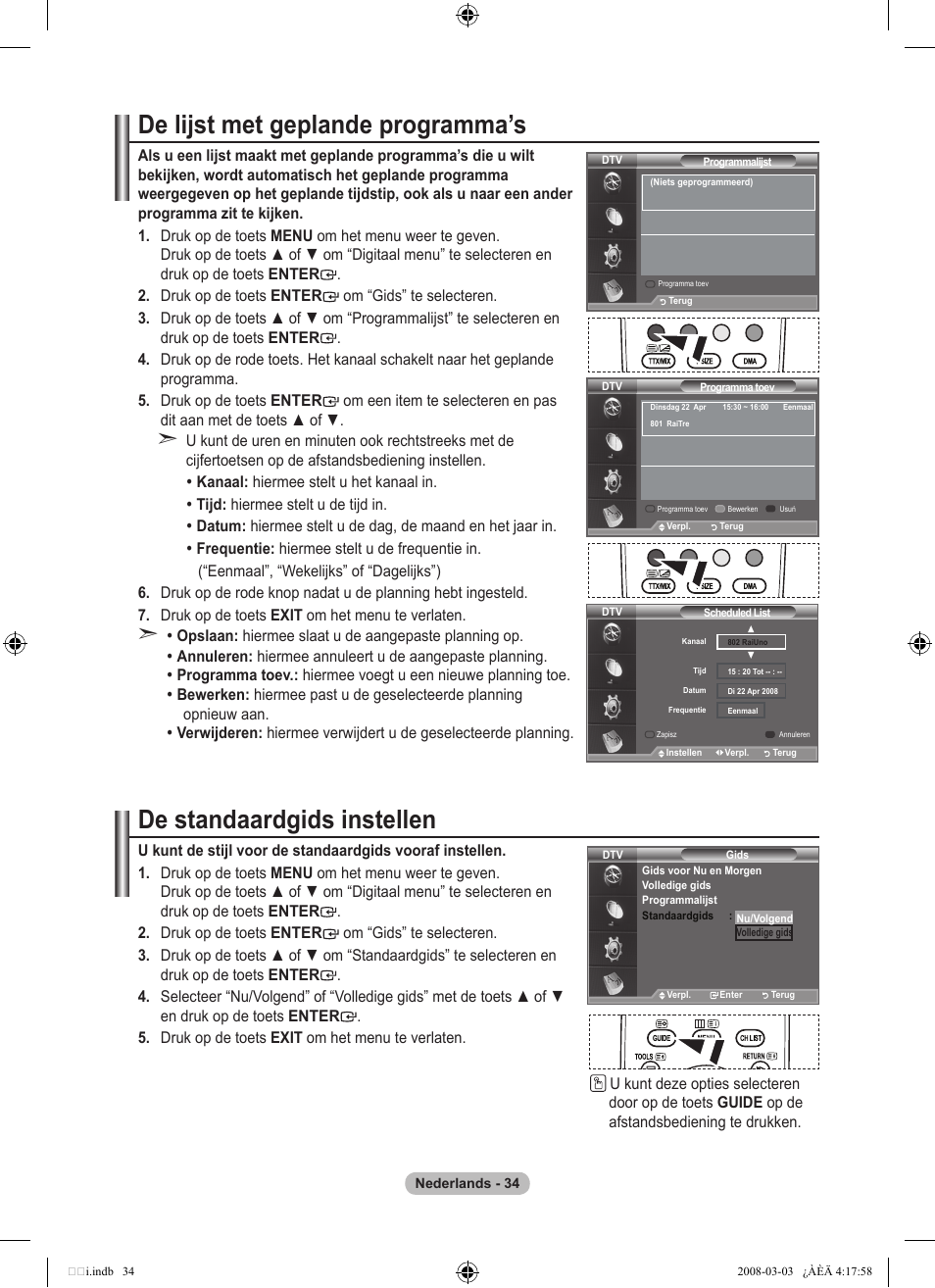 De lijst met geplande programma’s, De standaardgids instellen | Samsung LE26A457C1D User Manual | Page 216 / 482