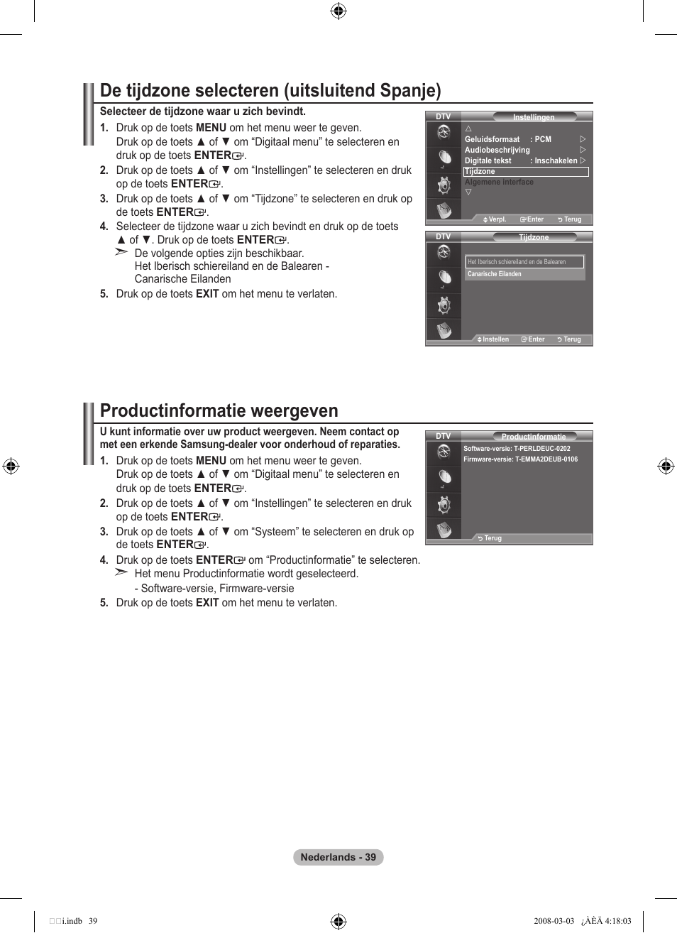 De tijdzone selecteren (uitsluitend spanje), Productinformatie weergeven | Samsung LE26A457C1D User Manual | Page 221 / 482