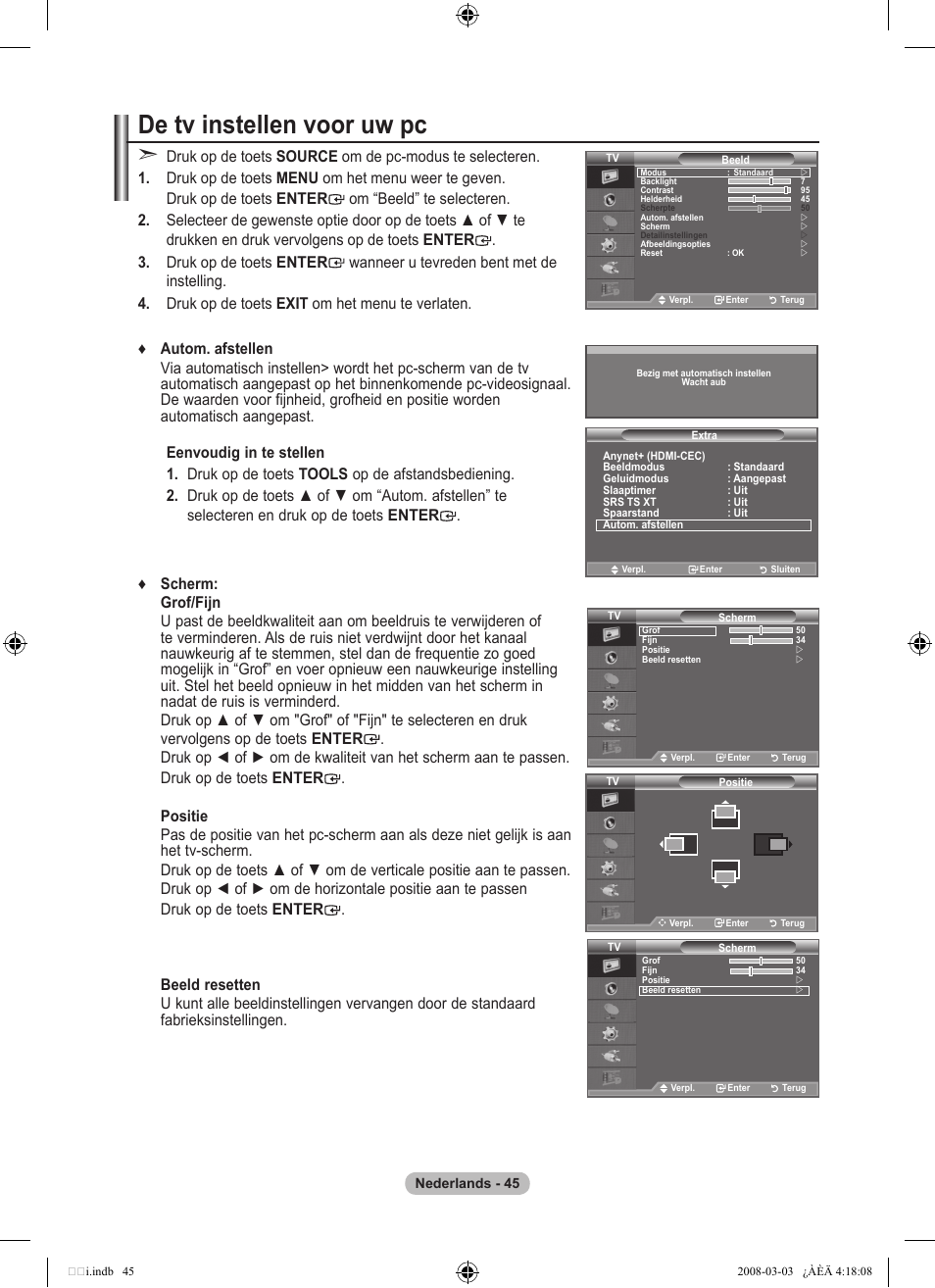 De tv instellen voor uw pc | Samsung LE26A457C1D User Manual | Page 227 / 482