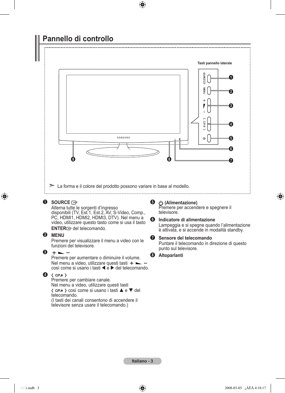 Pannello di controllo | Samsung LE26A457C1D User Manual | Page 245 / 482