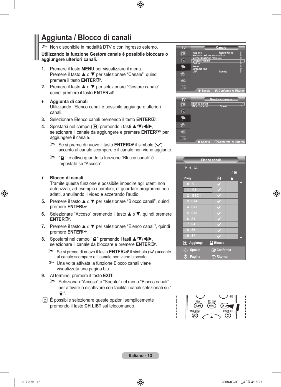Aggiunta / blocco di canali | Samsung LE26A457C1D User Manual | Page 255 / 482