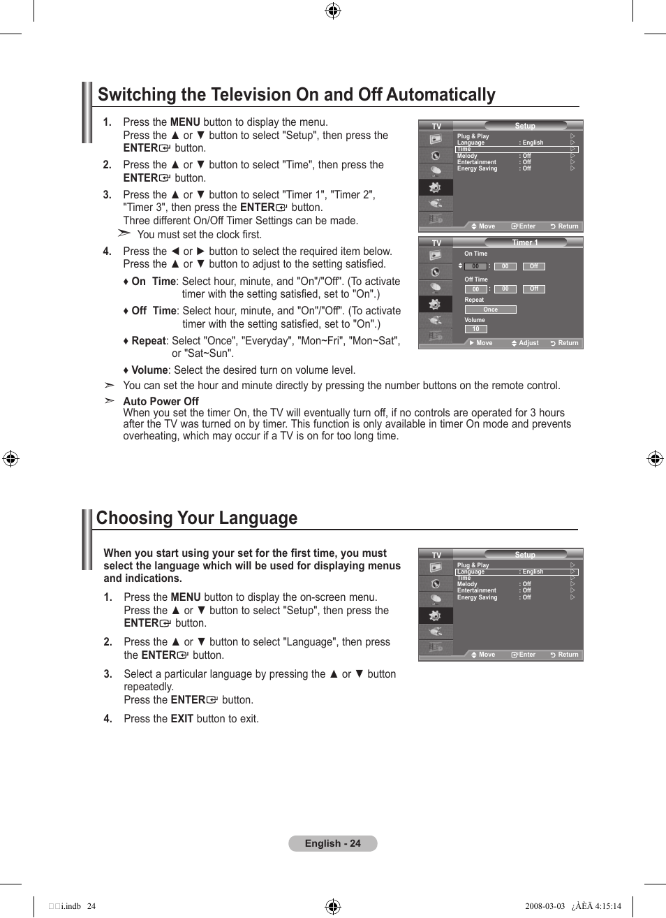 Switching the television on and off automatically, Function description, Choosing your language | Samsung LE26A457C1D User Manual | Page 26 / 482