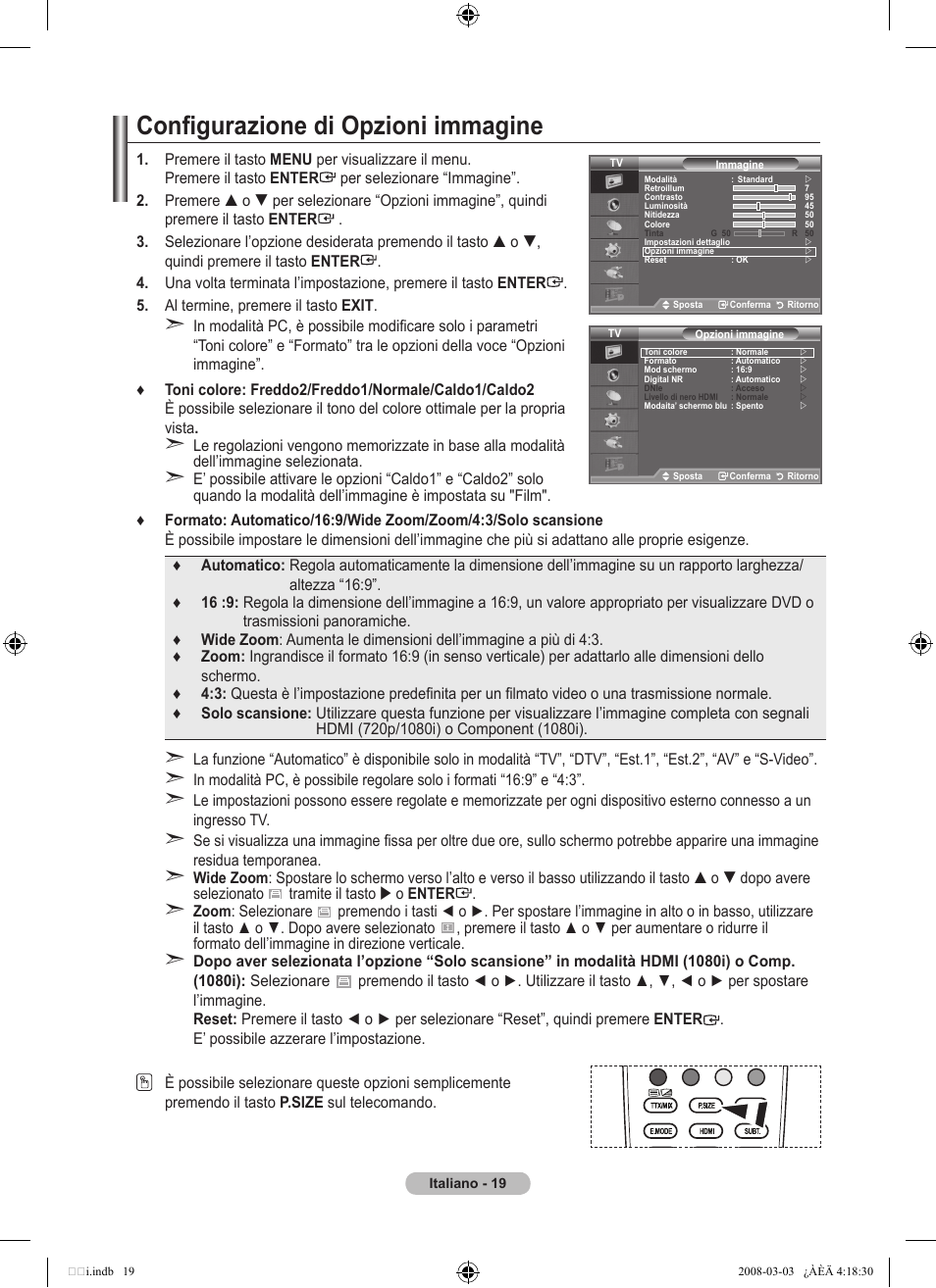 Configurazione di opzioni immagine | Samsung LE26A457C1D User Manual | Page 261 / 482