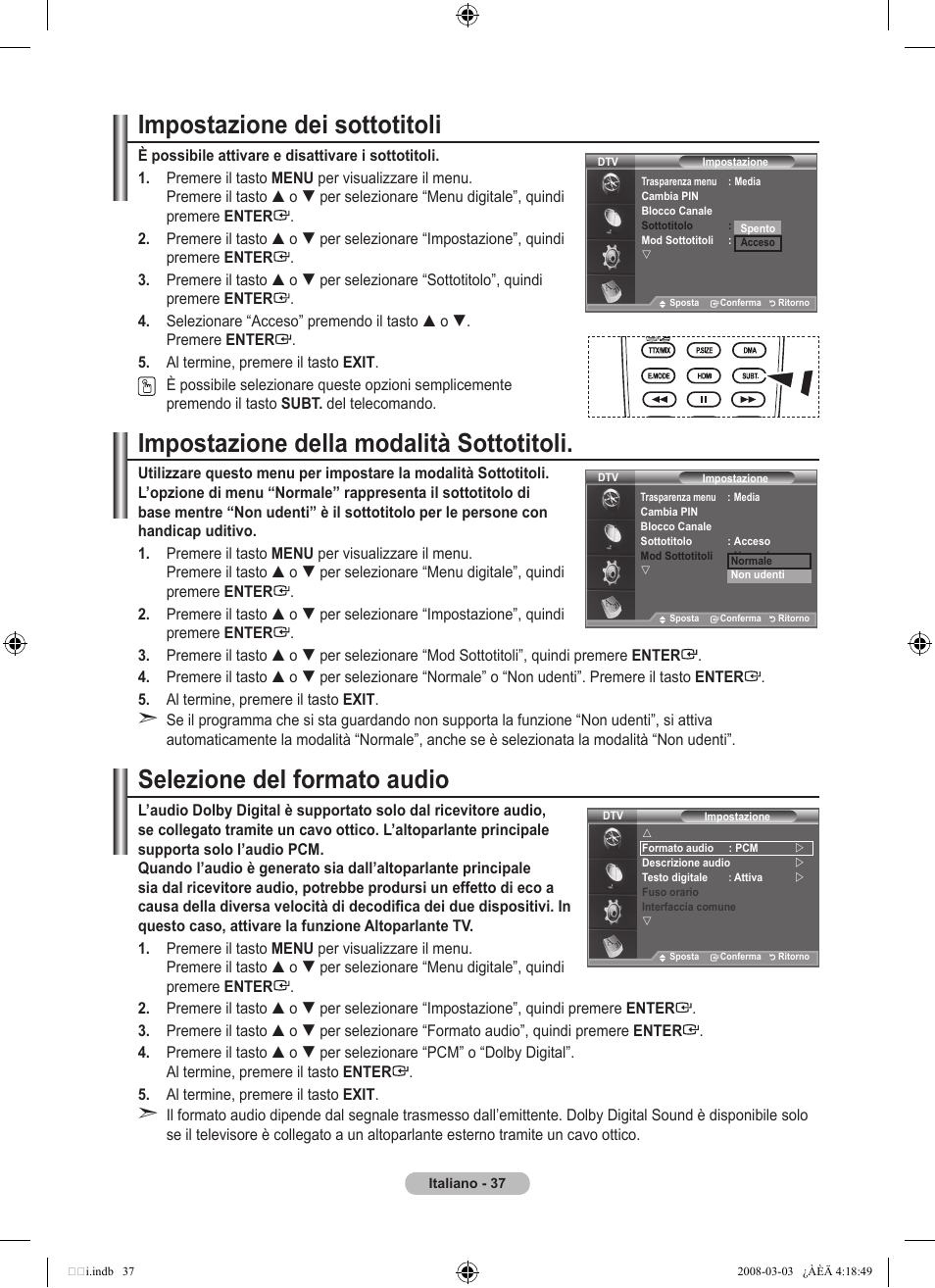 Impostazione dei sottotitoli, Impostazione della modalità sottotitoli, Selezione del formato audio | Samsung LE26A457C1D User Manual | Page 279 / 482