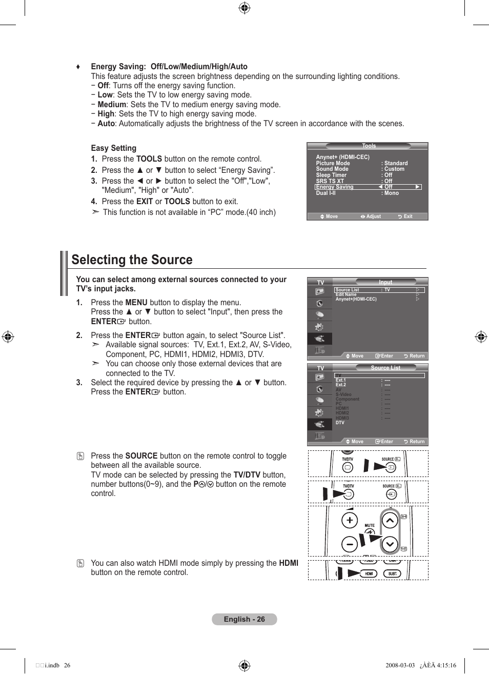 Selecting the source | Samsung LE26A457C1D User Manual | Page 28 / 482