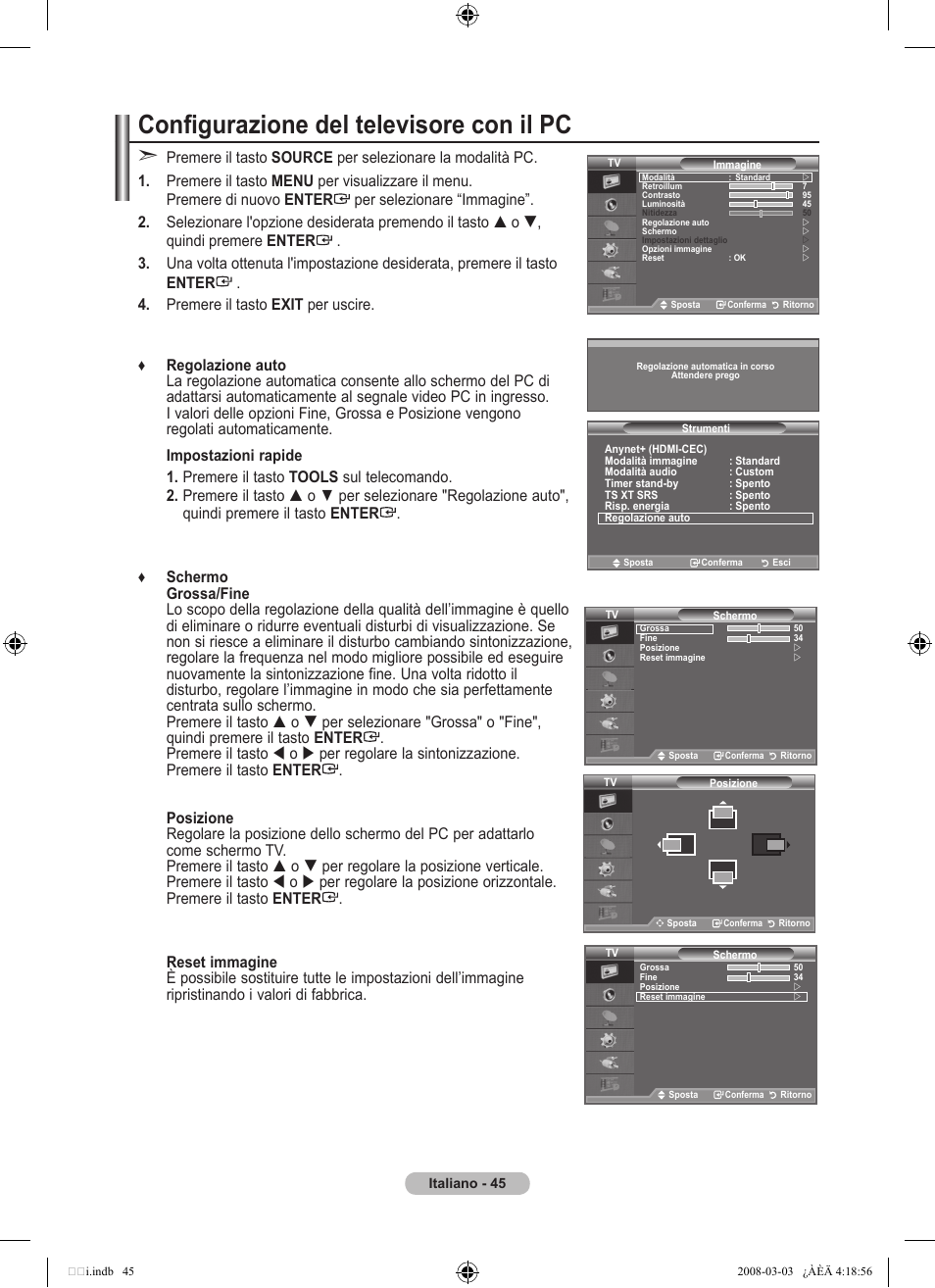 Configurazione del televisore con il pc | Samsung LE26A457C1D User Manual | Page 287 / 482