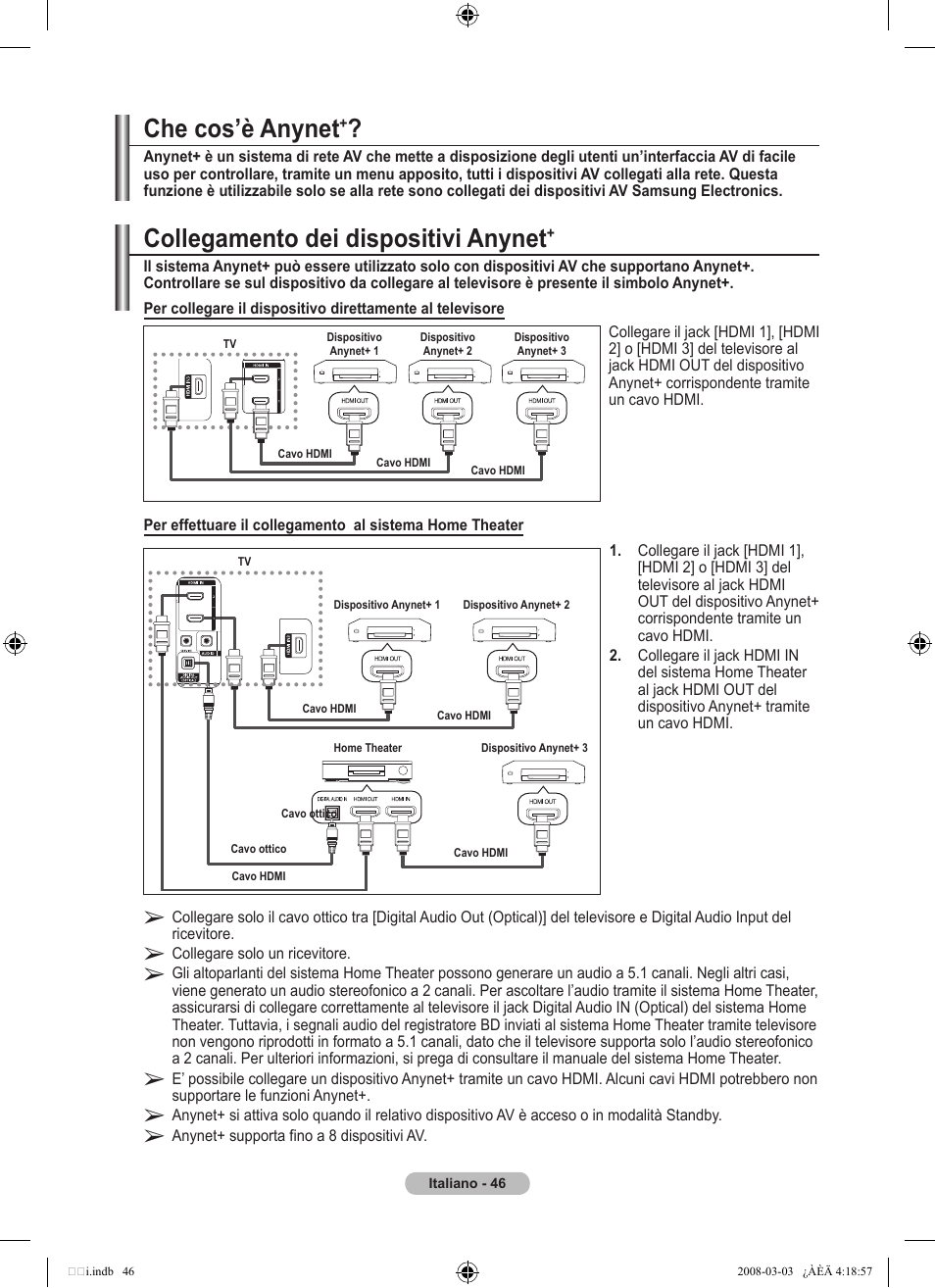 Collegamento dei dispositivi anynet, Che cos’è anynet | Samsung LE26A457C1D User Manual | Page 288 / 482