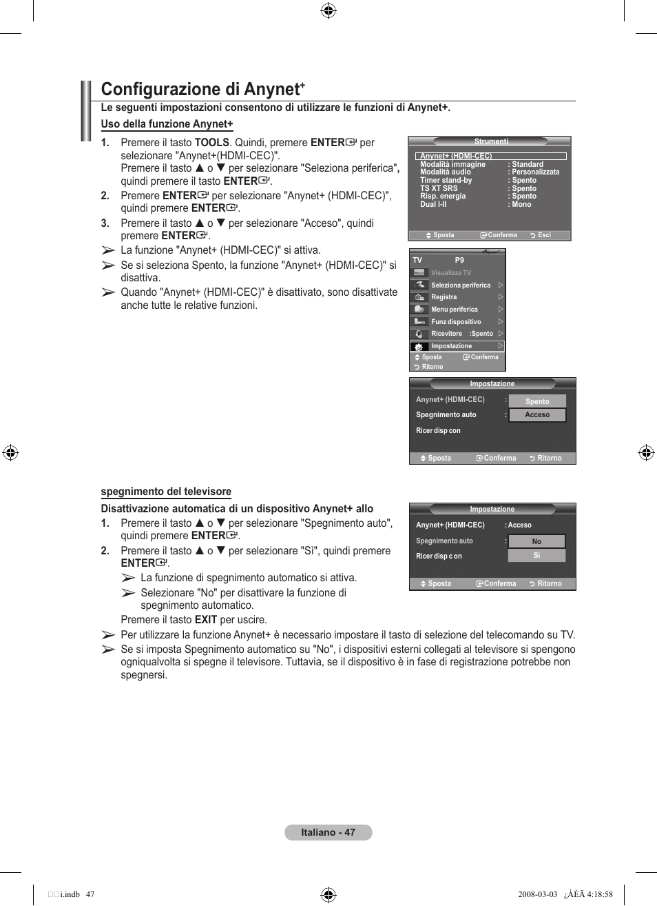 Configurazione di anynet | Samsung LE26A457C1D User Manual | Page 289 / 482