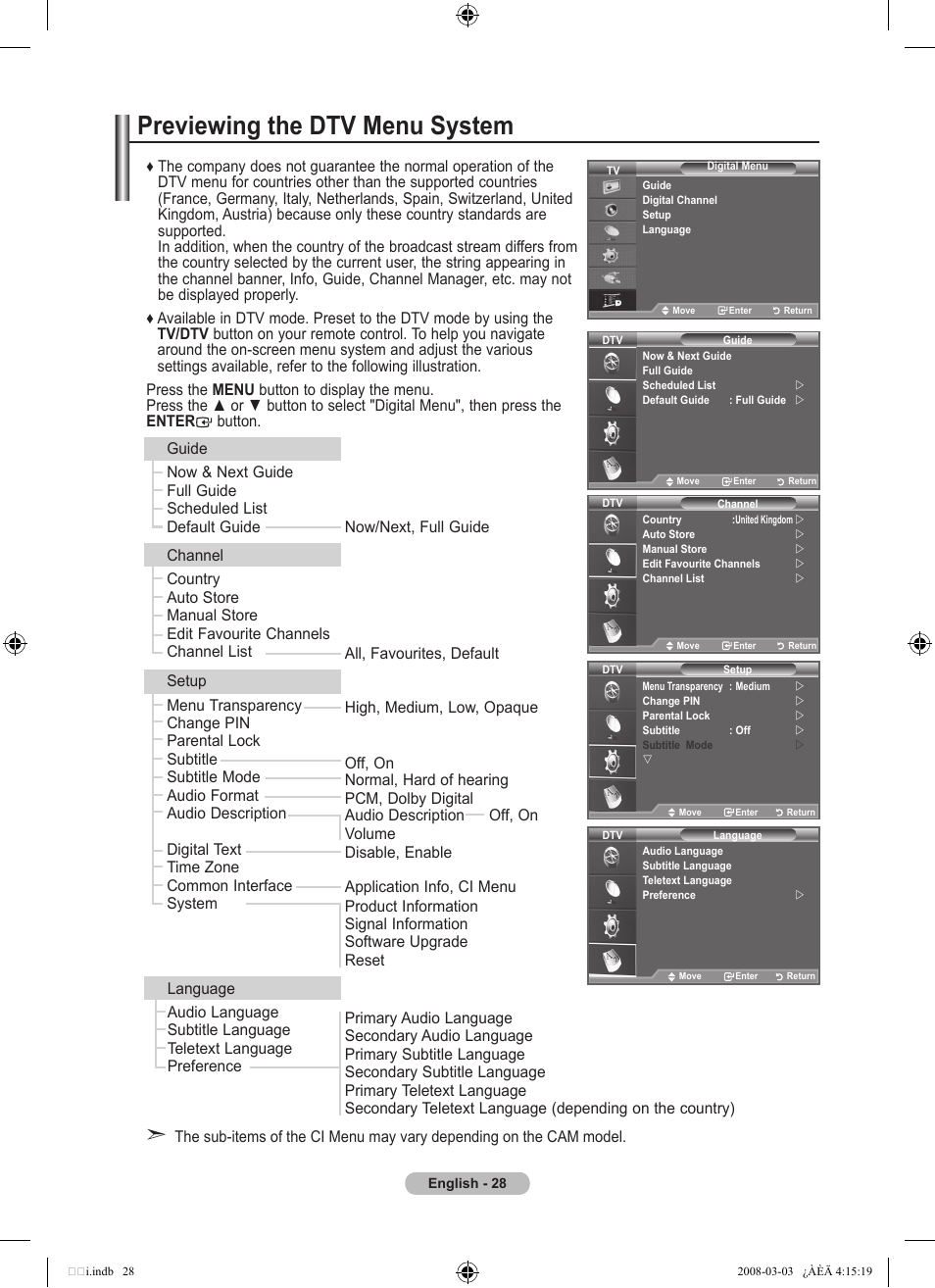 Using the dtv feature, Previewing the dtv menu system | Samsung LE26A457C1D User Manual | Page 30 / 482