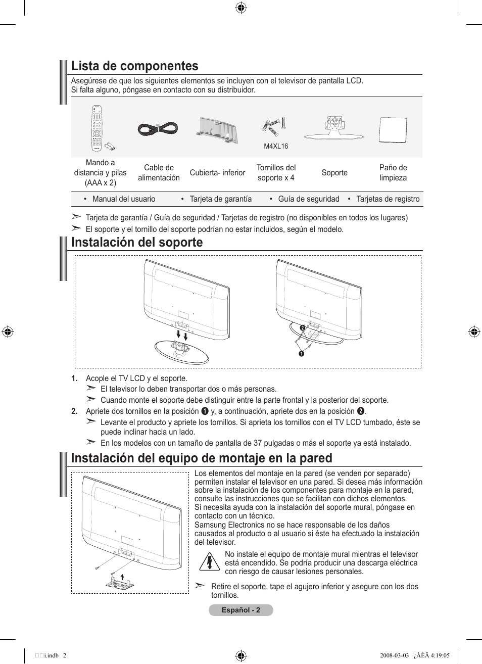 Instalación del soporte, Instalación del equipo de montaje en la pared, Lista de componentes | Samsung LE26A457C1D User Manual | Page 304 / 482