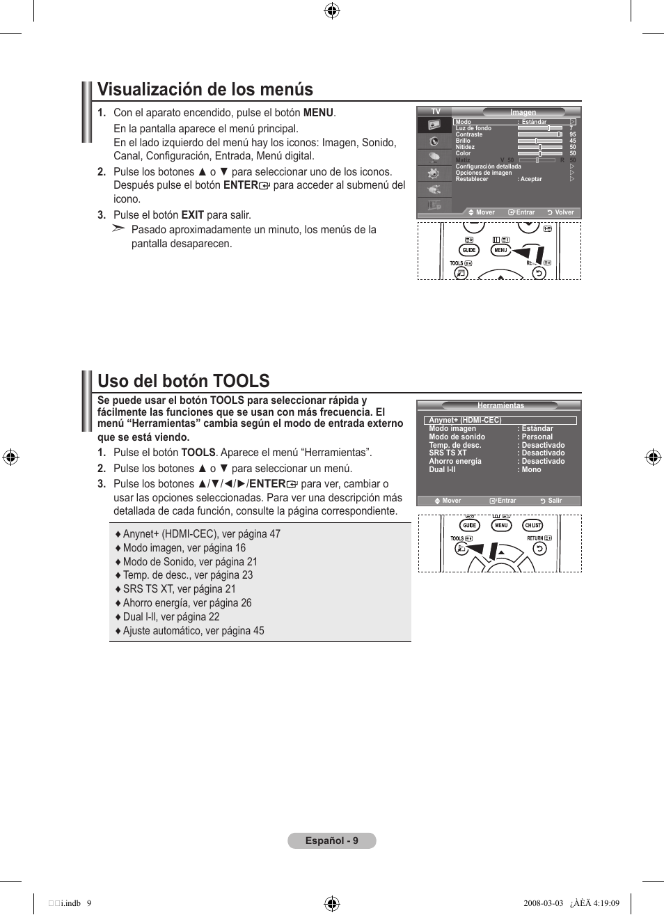 Visualización de los menús, Uso del botón tools | Samsung LE26A457C1D User Manual | Page 311 / 482