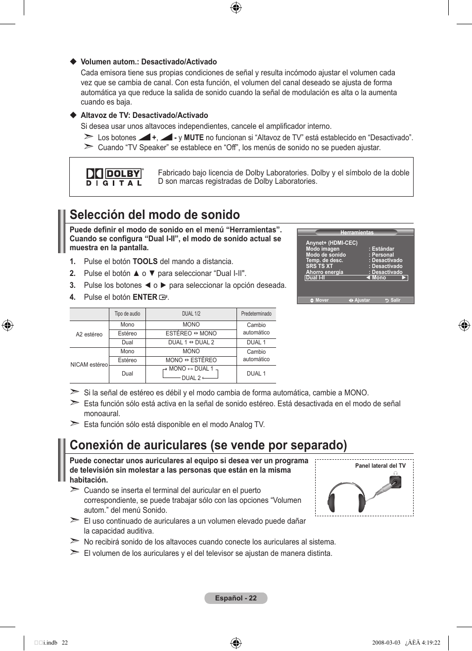 Selección del modo de sonido, Conexión de auriculares (se vende por separado) | Samsung LE26A457C1D User Manual | Page 324 / 482