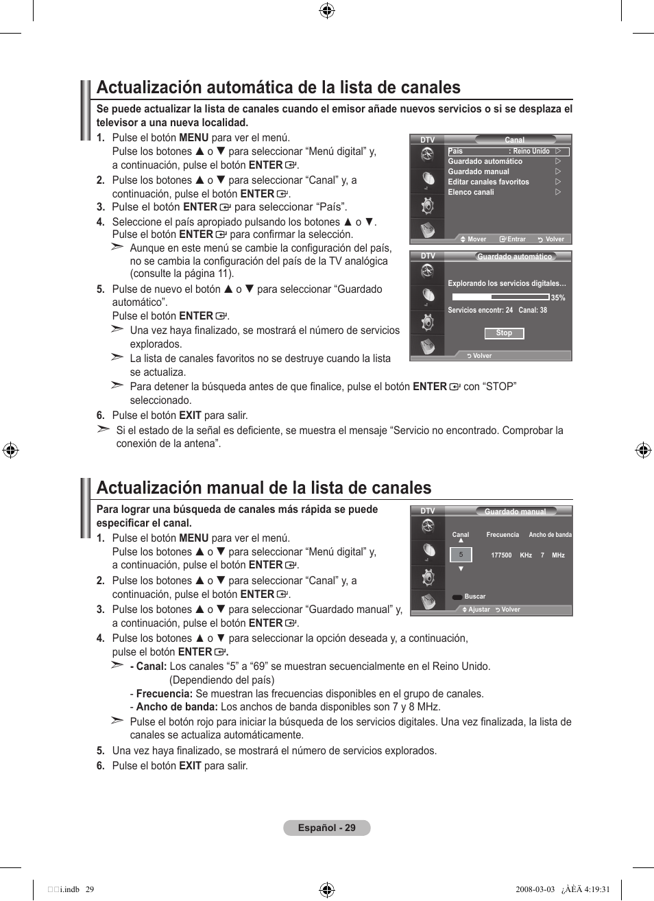 Actualización automática de la lista de canales, Actualización manual de la lista de canales | Samsung LE26A457C1D User Manual | Page 331 / 482