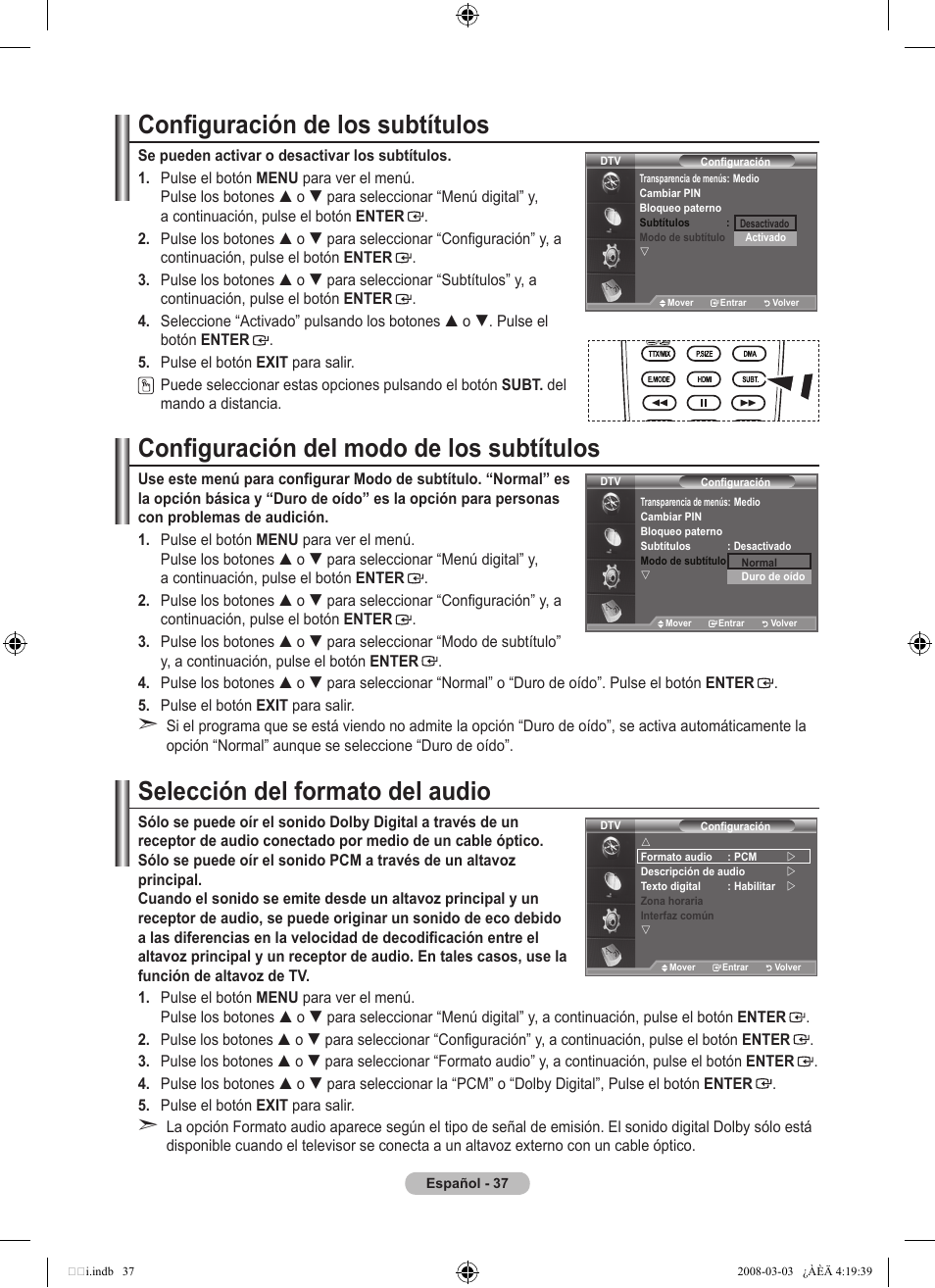 Configuración de los subtítulos, Configuración del modo de los subtítulos, Selección del formato del audio | Samsung LE26A457C1D User Manual | Page 339 / 482