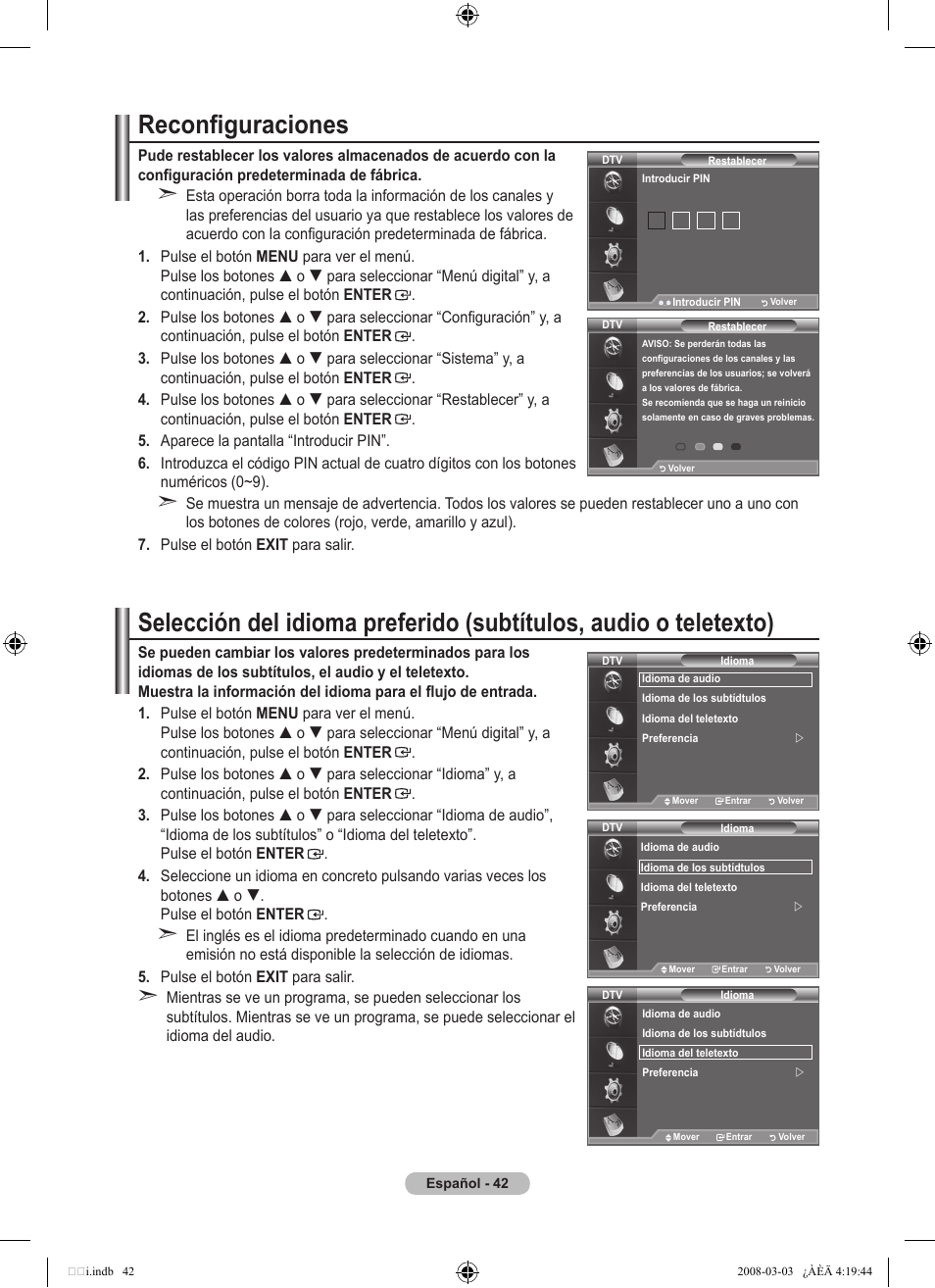 Reconfiguraciones | Samsung LE26A457C1D User Manual | Page 344 / 482