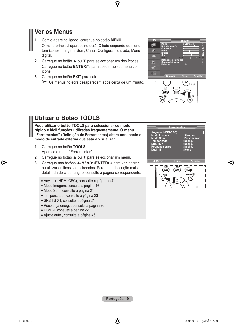 Ver os menus, Utilizar o botão tools | Samsung LE26A457C1D User Manual | Page 371 / 482