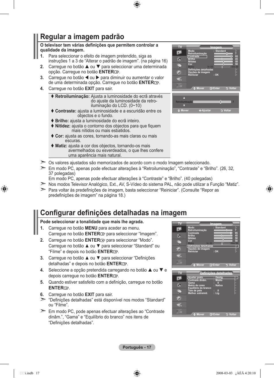 Regular a imagem padrão, Configurar definições detalhadas na imagem | Samsung LE26A457C1D User Manual | Page 379 / 482