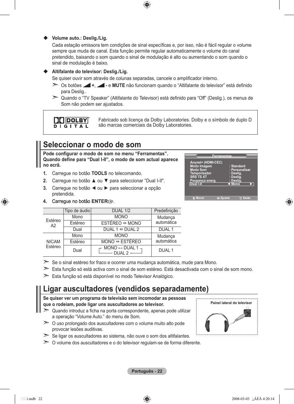 Seleccionar o modo de som, Ligar auscultadores (vendidos separadamente) | Samsung LE26A457C1D User Manual | Page 384 / 482