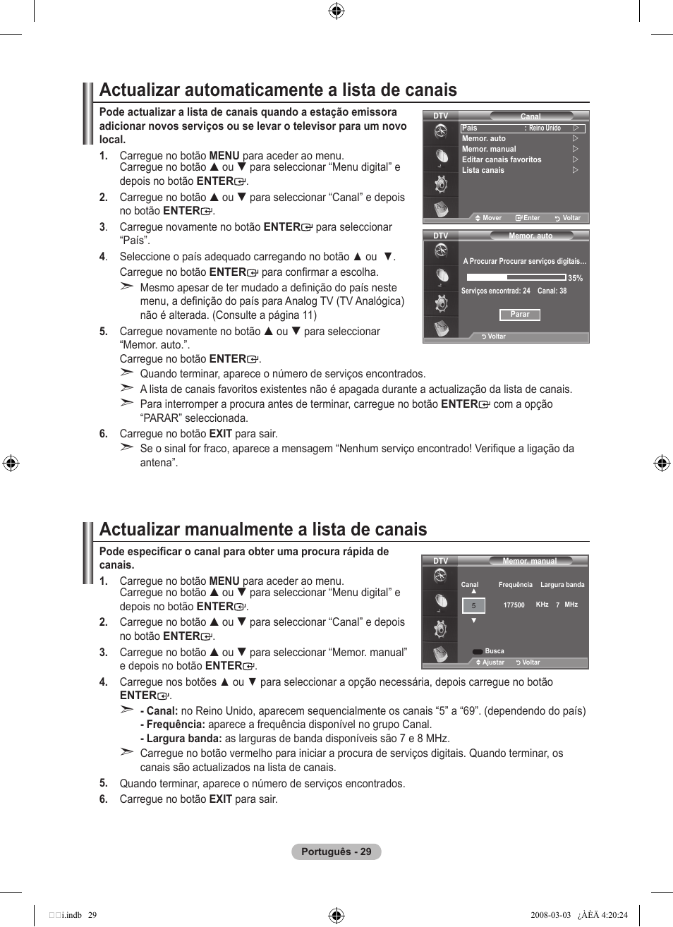 Actualizar automaticamente a lista de canais, Actualizar manualmente a lista de canais | Samsung LE26A457C1D User Manual | Page 391 / 482