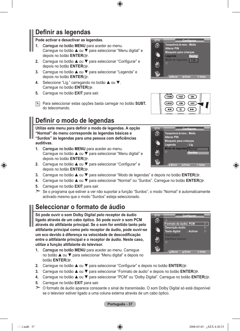 Definir as legendas, Definir o modo de legendas, Seleccionar o formato de áudio | Samsung LE26A457C1D User Manual | Page 399 / 482