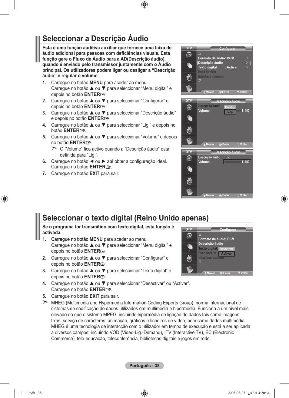 Seleccionar a descrição áudio, Seleccionar o texto digital (reino unido apenas) | Samsung LE26A457C1D User Manual | Page 400 / 482