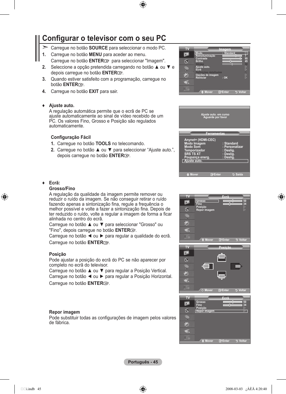 Configurar o televisor com o seu pc | Samsung LE26A457C1D User Manual | Page 407 / 482