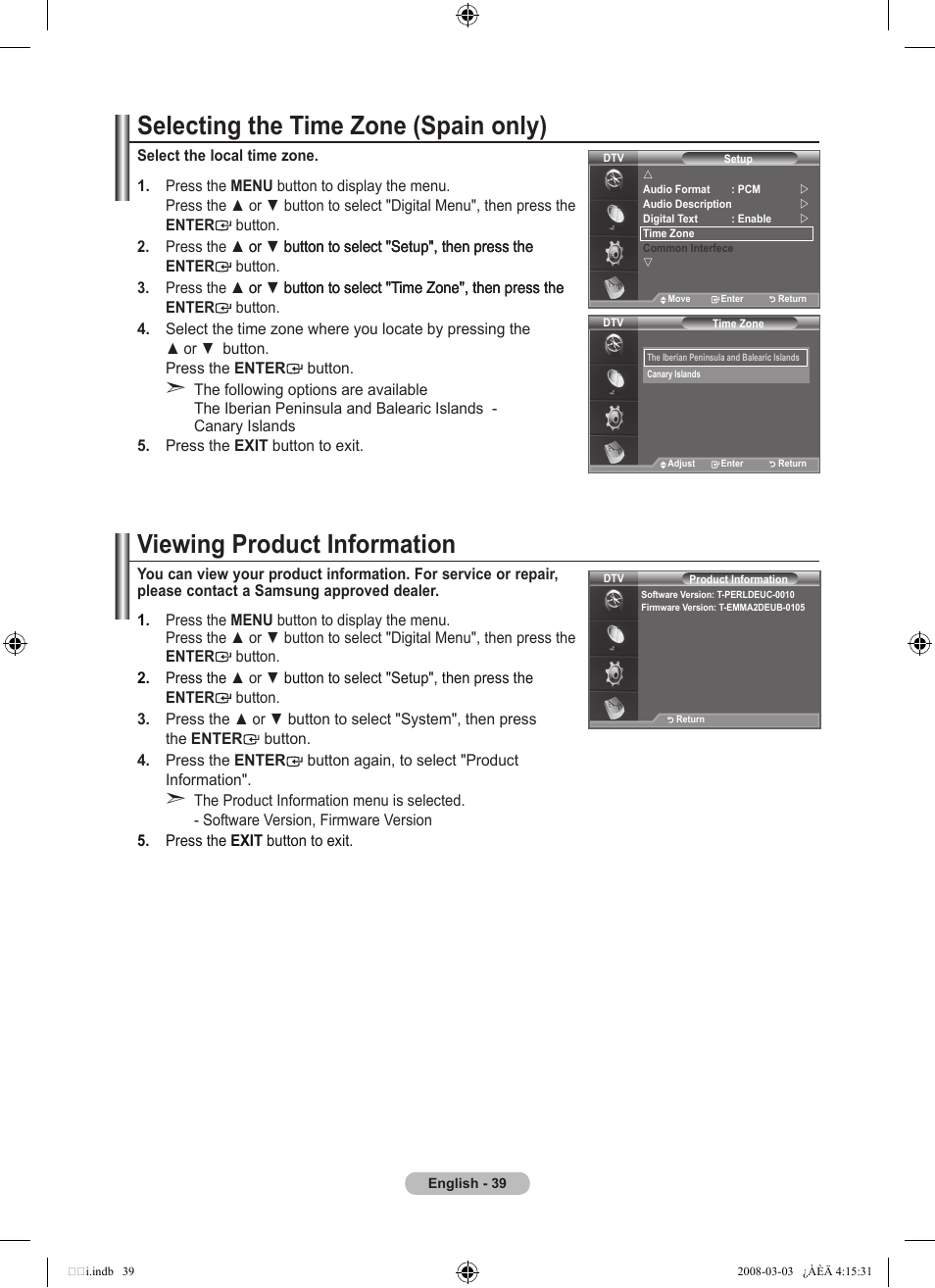 Selecting the time zone (spain only), Viewing product information | Samsung LE26A457C1D User Manual | Page 41 / 482