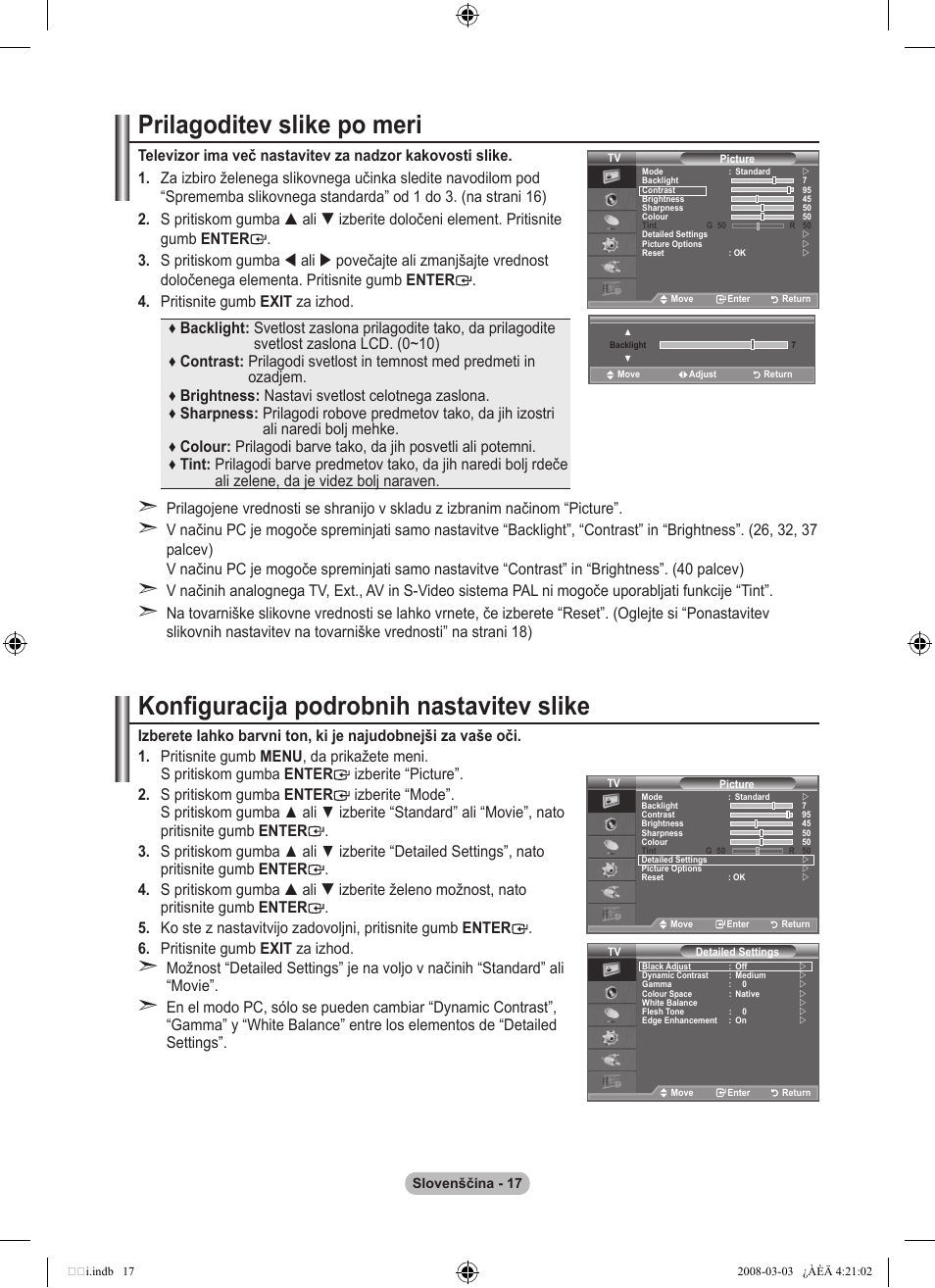 Prilagoditev slike po meri, Konfiguracija podrobnih nastavitev slike | Samsung LE26A457C1D User Manual | Page 439 / 482