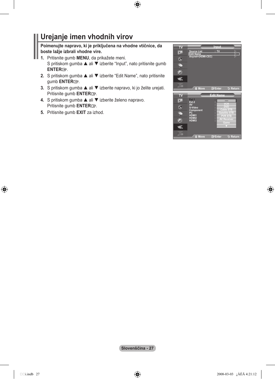 Urejanje imen vhodnih virov | Samsung LE26A457C1D User Manual | Page 449 / 482