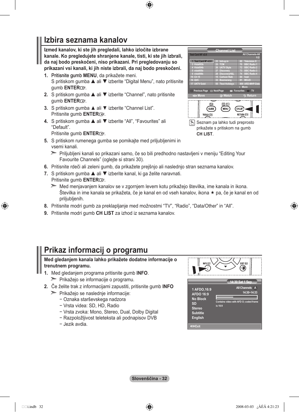 Izbira seznama kanalov, Prikaz informacij o programu | Samsung LE26A457C1D User Manual | Page 454 / 482