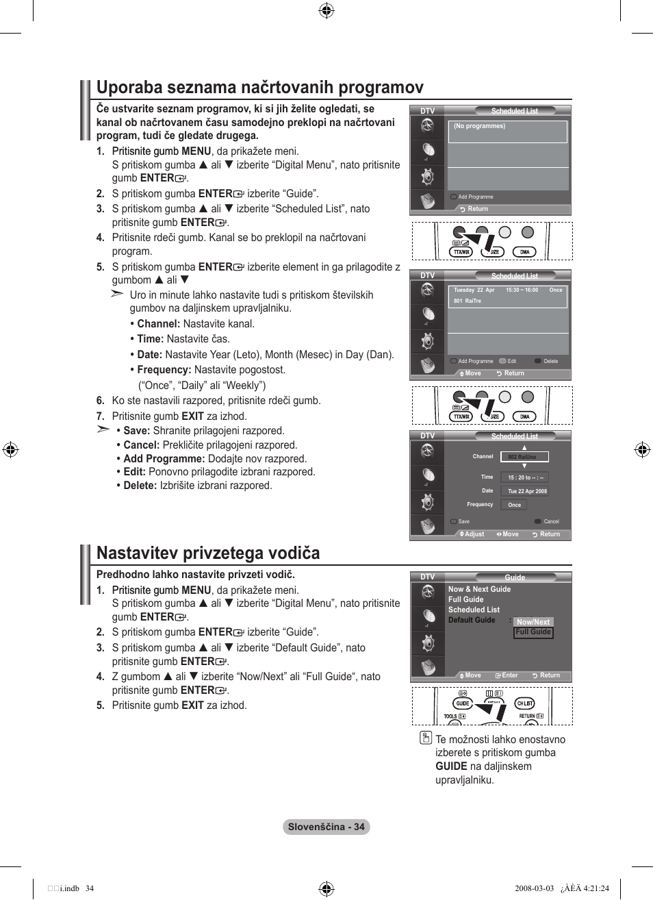 Uporaba seznama načrtovanih programov, Nastavitev privzetega vodiča | Samsung LE26A457C1D User Manual | Page 456 / 482