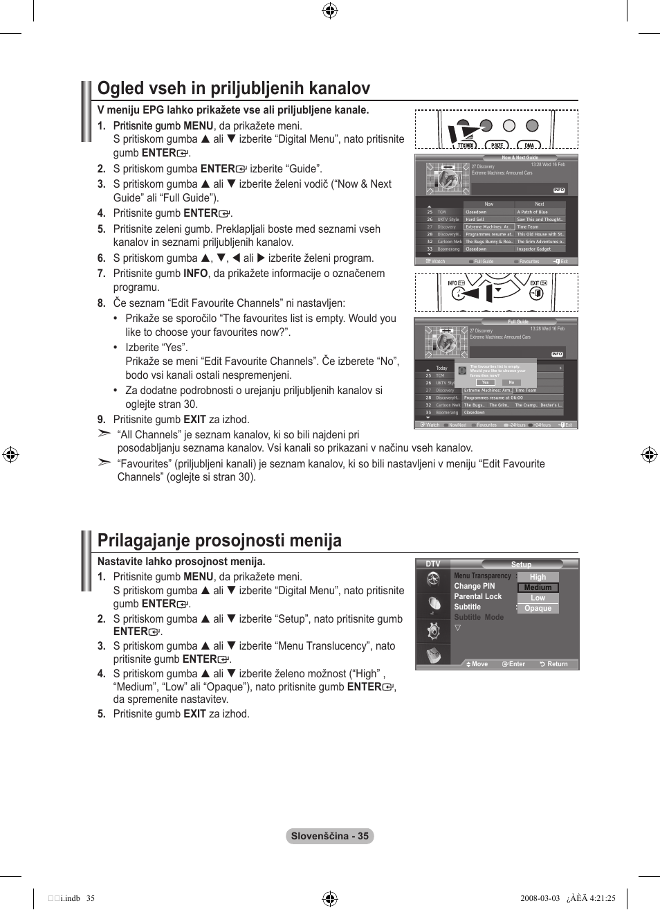 Ogled vseh in priljubljenih kanalov, Prilagajanje prosojnosti menija | Samsung LE26A457C1D User Manual | Page 457 / 482