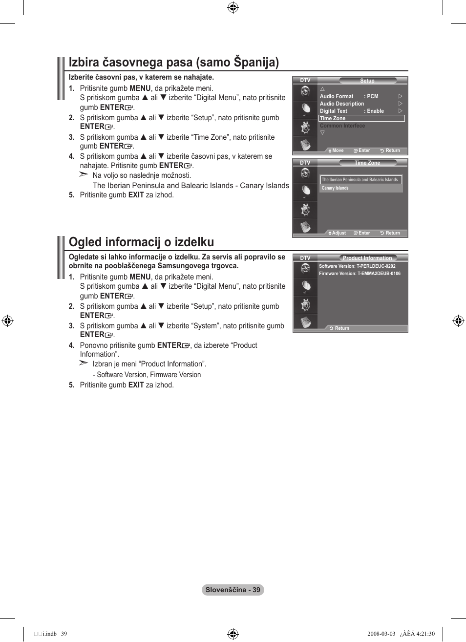 Izbira časovnega pasa (samo španija), Ogled informacij o izdelku | Samsung LE26A457C1D User Manual | Page 461 / 482