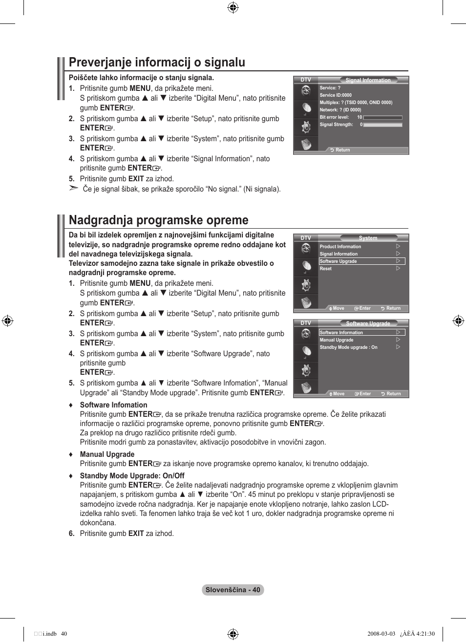 Preverjanje informacij o signalu, Nadgradnja programske opreme | Samsung LE26A457C1D User Manual | Page 462 / 482