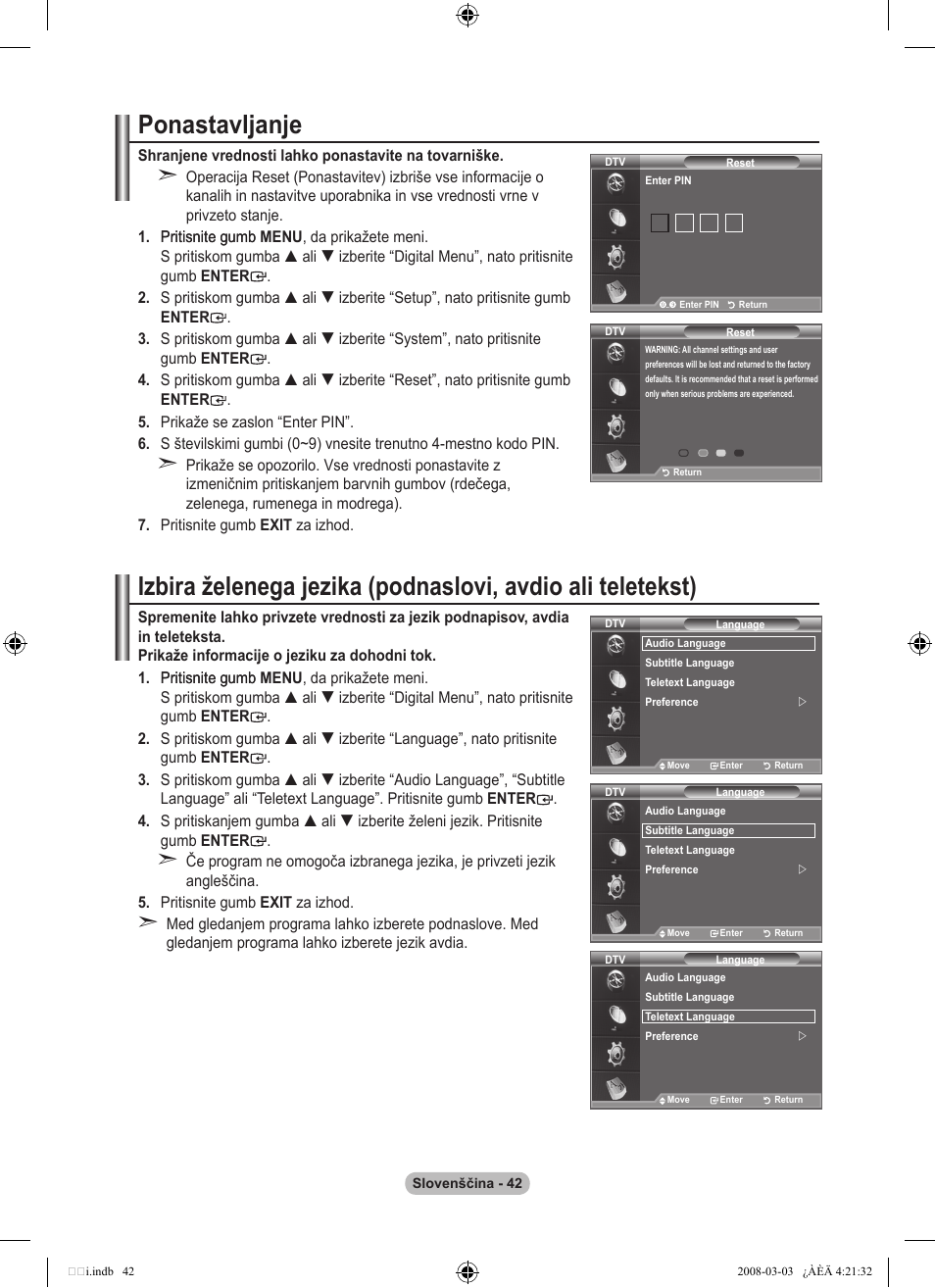 Ponastavljanje | Samsung LE26A457C1D User Manual | Page 464 / 482