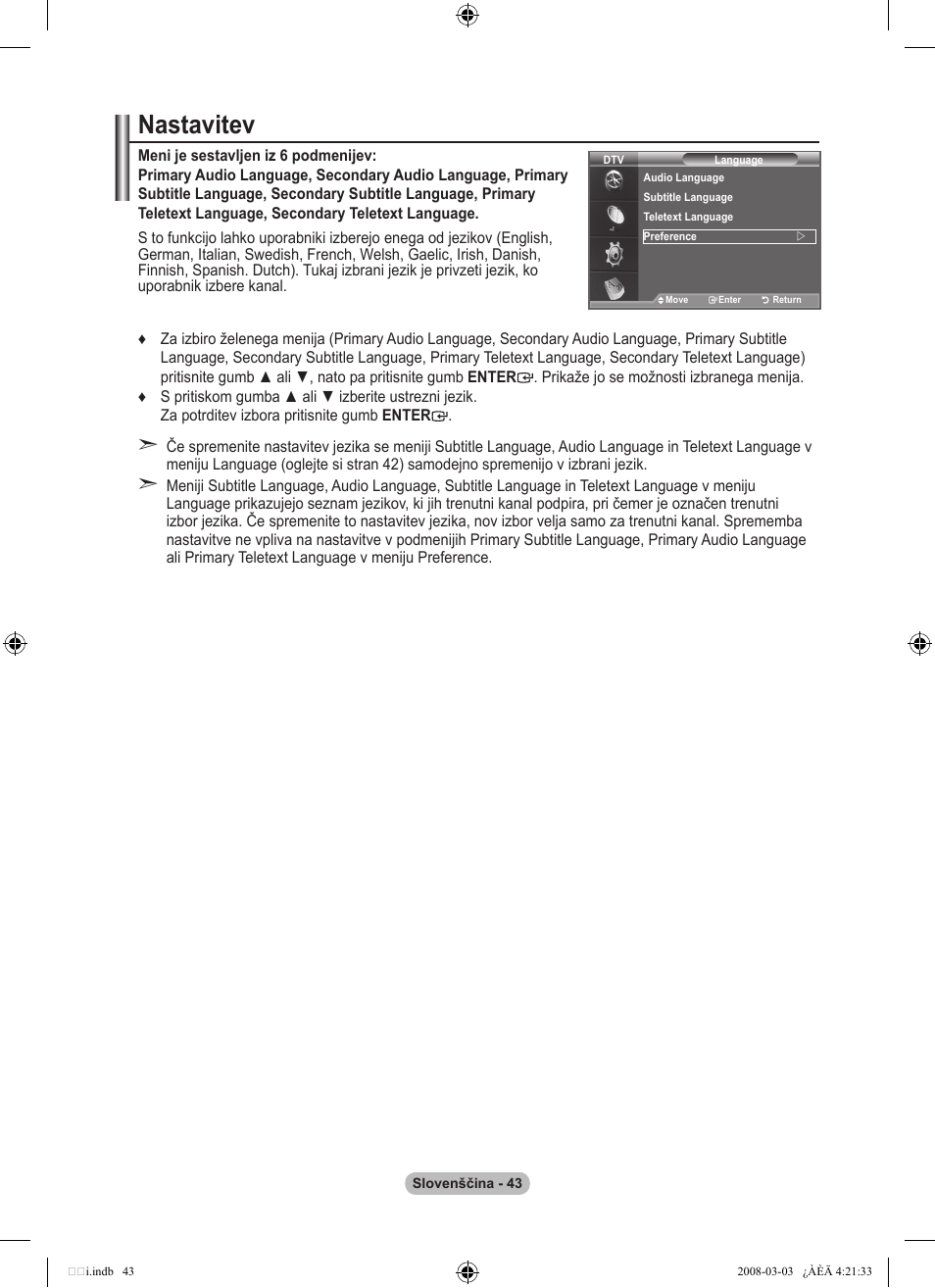 Nastavitev | Samsung LE26A457C1D User Manual | Page 465 / 482